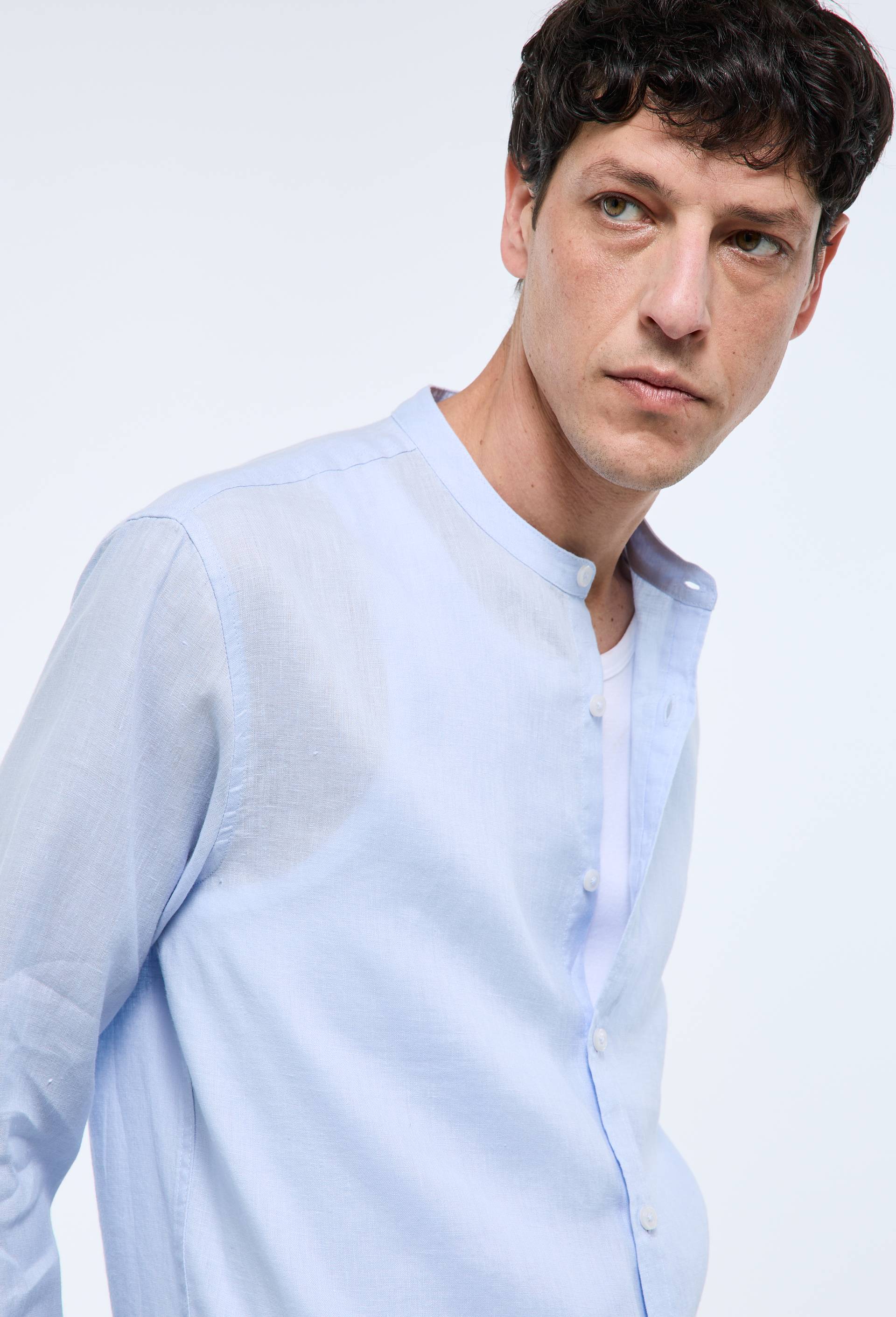 Chemise manches longues col mao en lin, Bleu clair, large image number 1.0