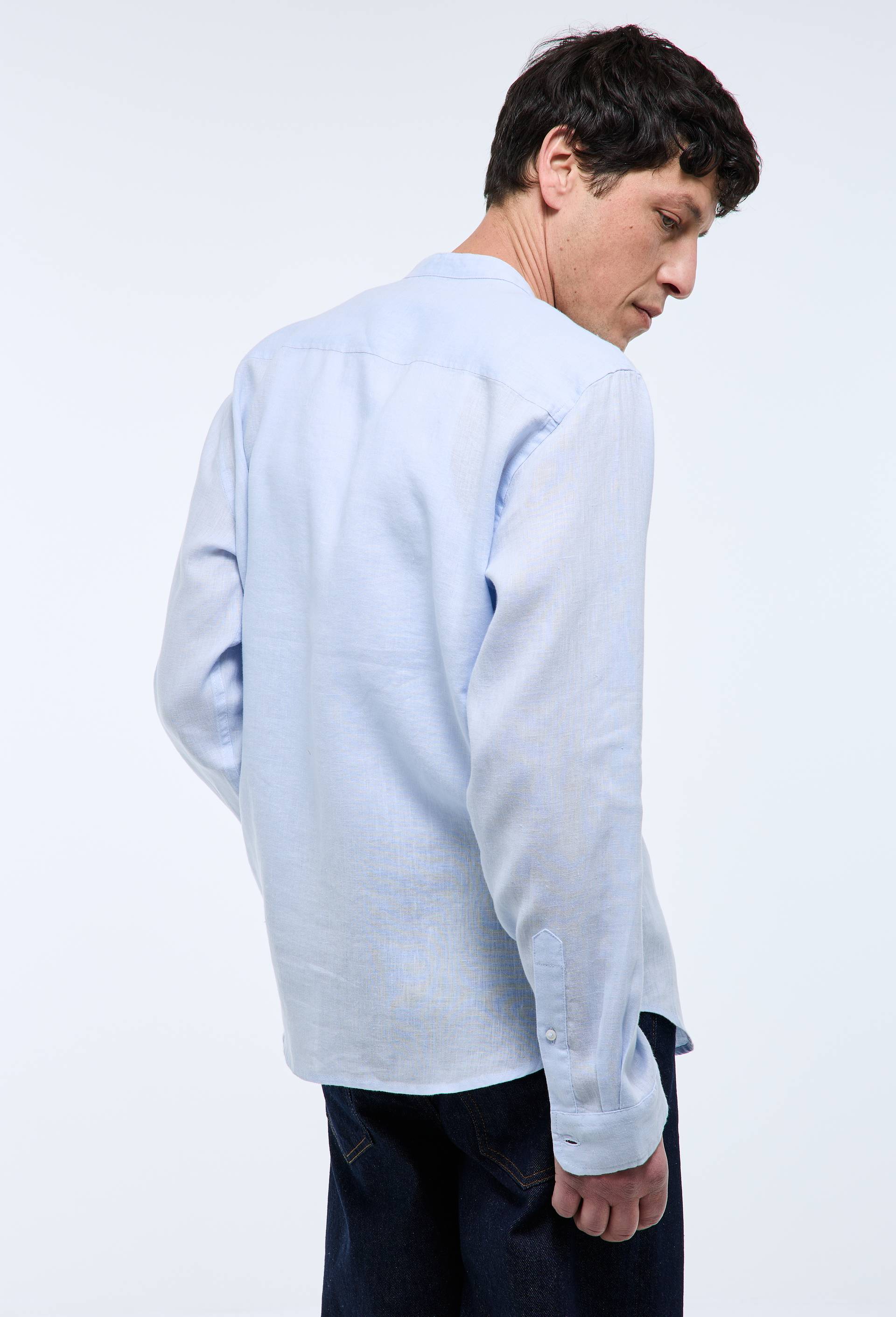 Chemise manches longues col mao en lin, Bleu clair, large image number 2.0