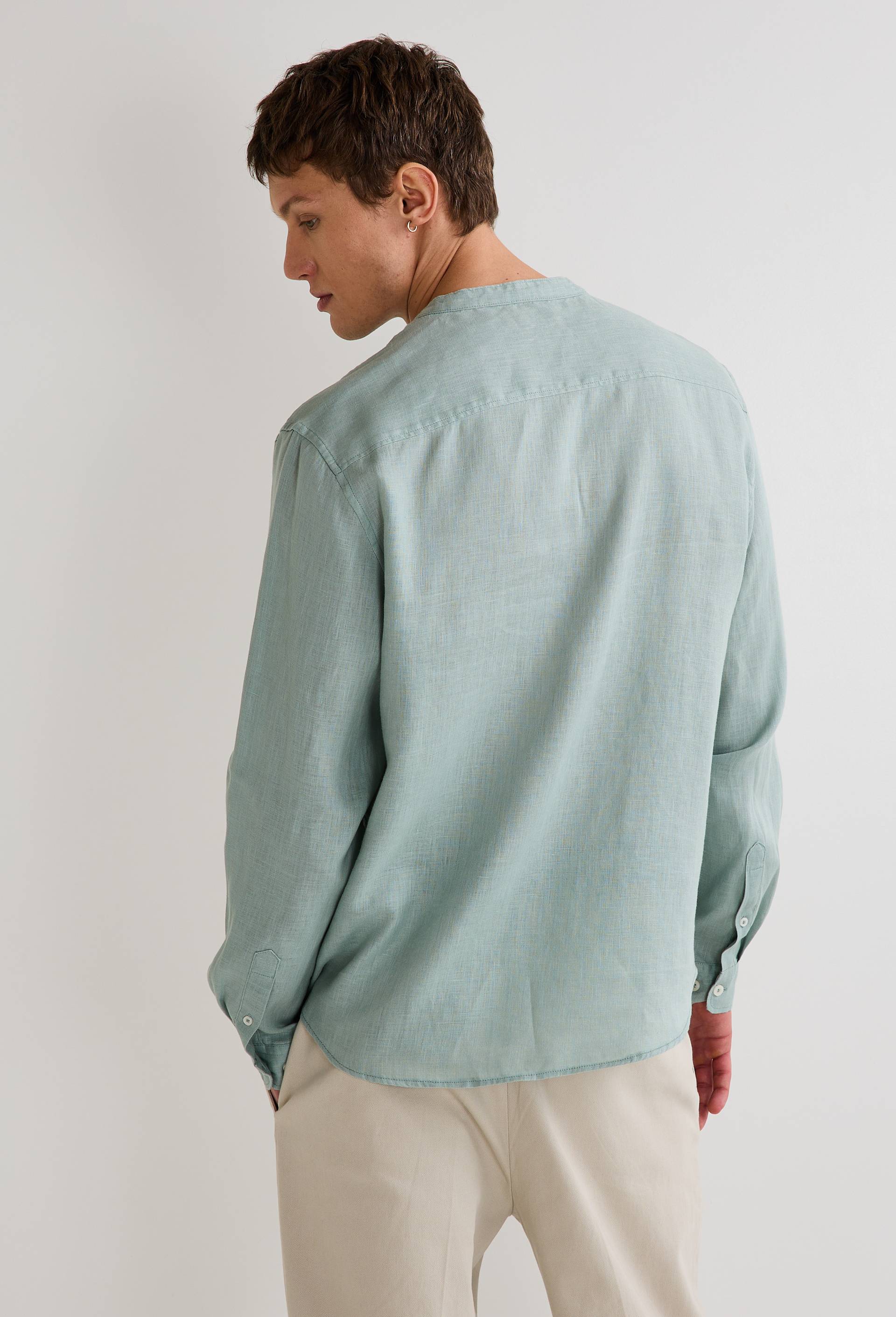Chemise manches longues col mao en lin, Vert clair, large image number 1.0