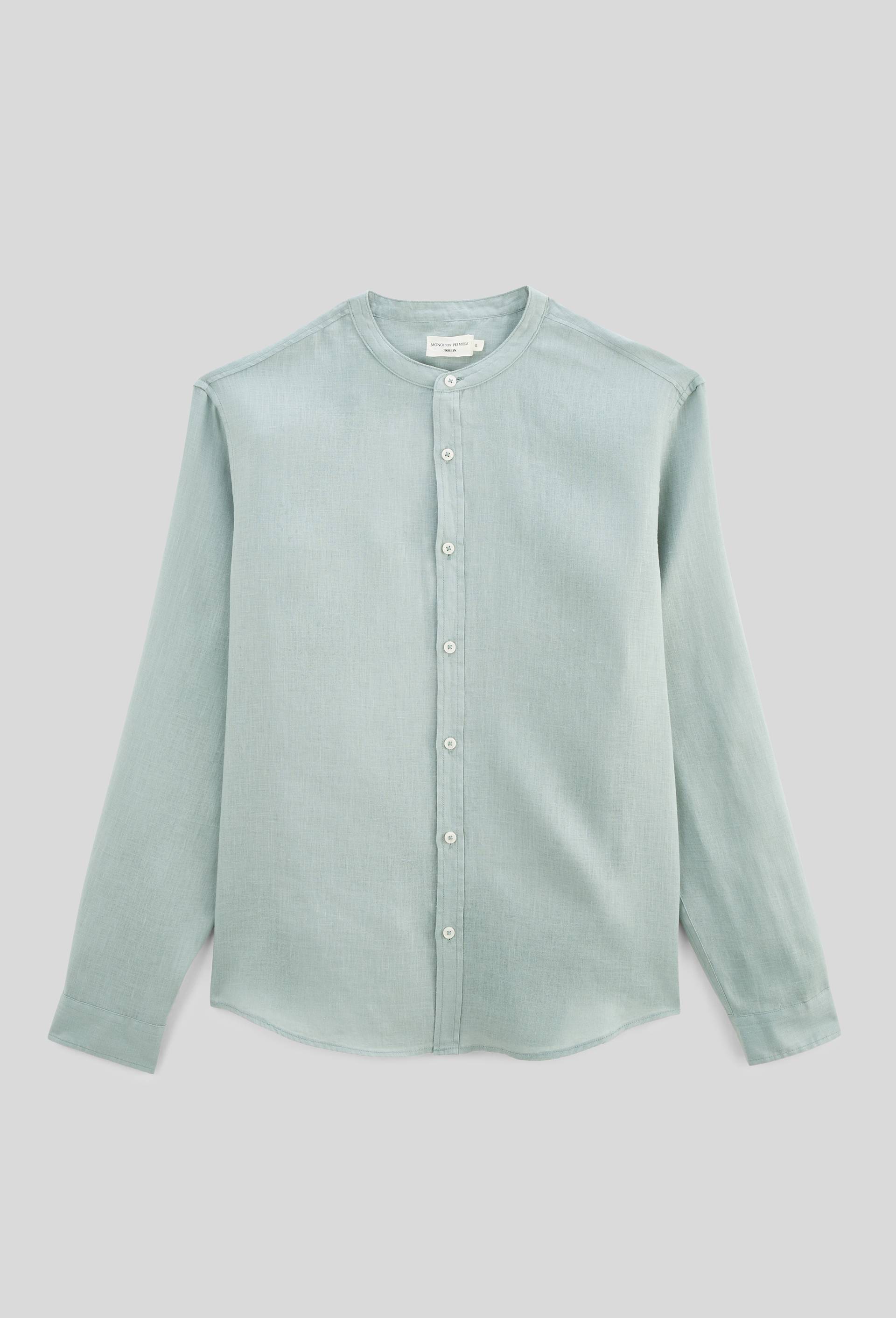 Chemise manches longues col mao en lin, Vert clair, large image number 2.0
