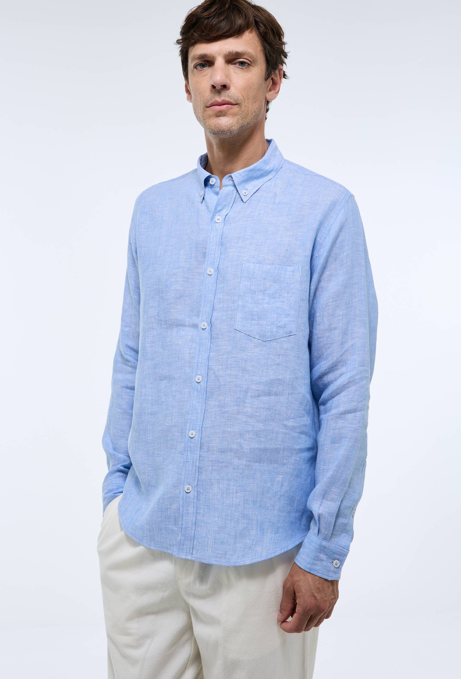 Chemise manches longues chambray en lin, Bleu, large image number 0