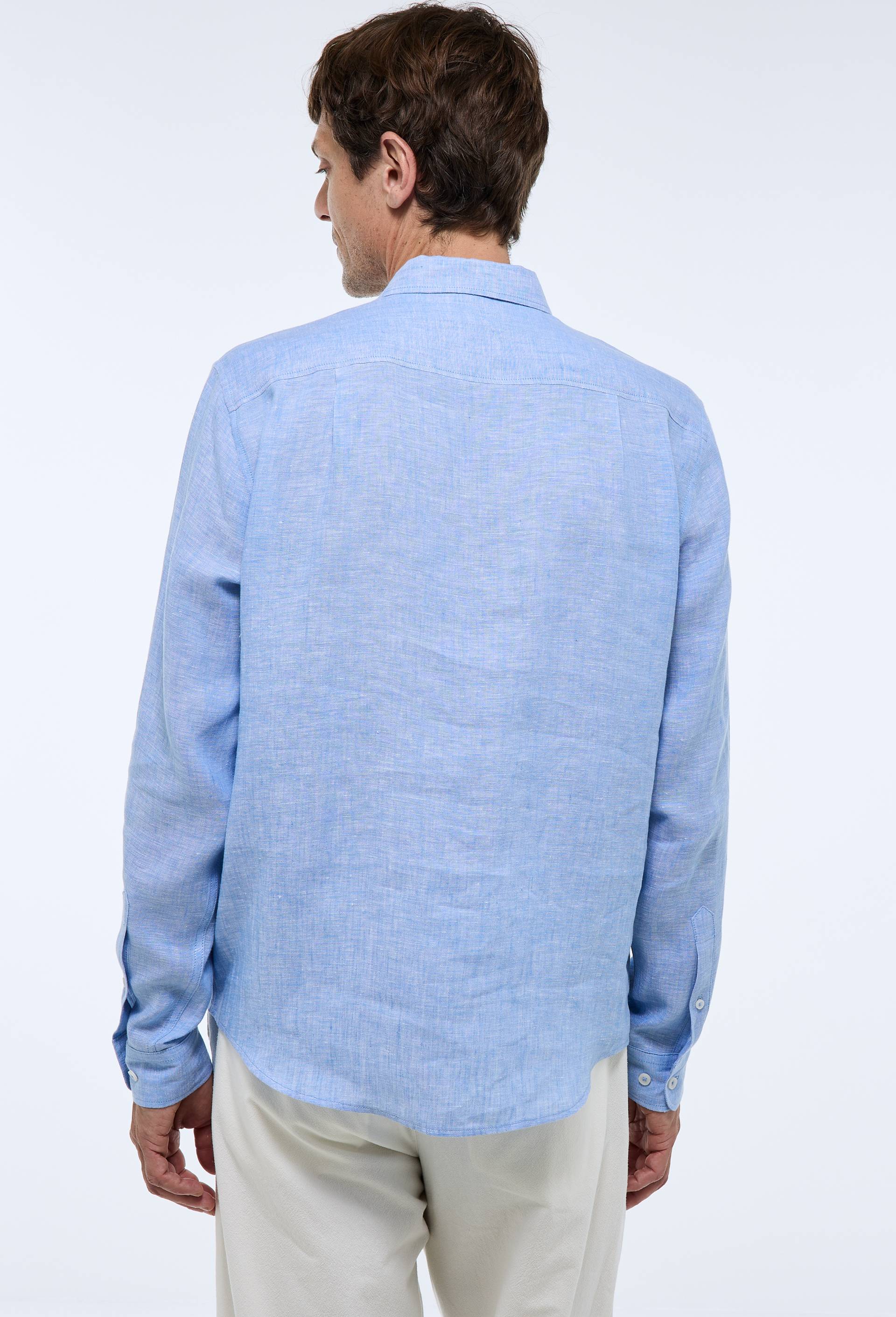 Chemise manches longues chambray en lin, BLEU, large image number 1.0