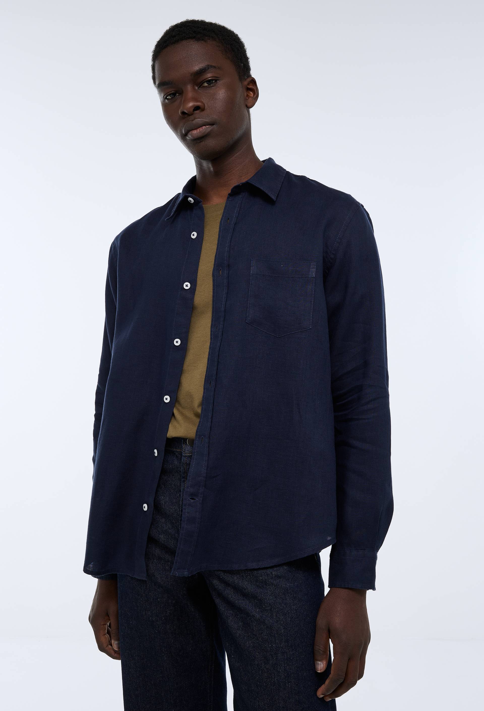 Chemise manches longues en lin, Bleu fonc&eacute;, large image number 1.0