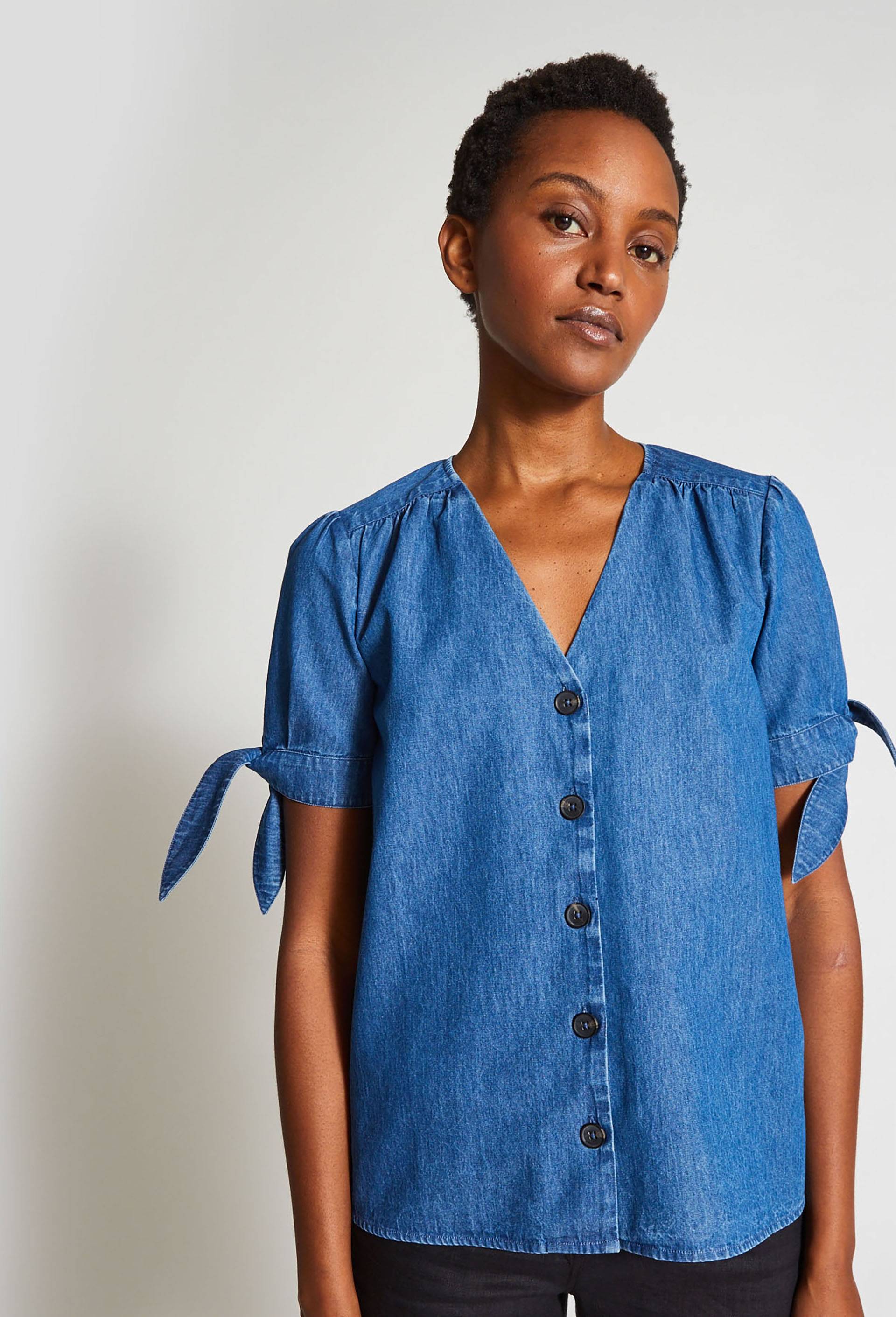 Blouse col V, BLEU, large image number 0