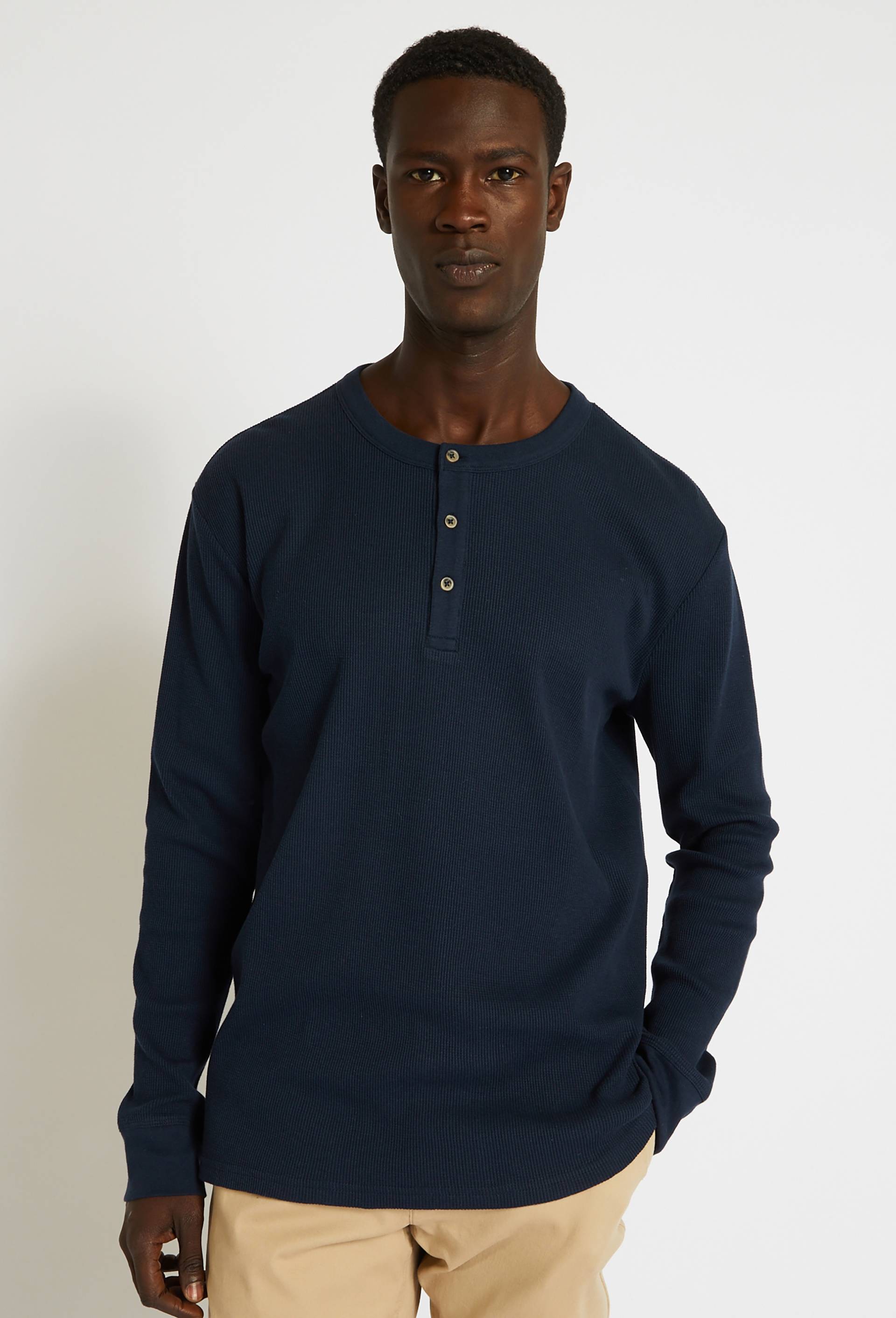 T-shirt col tunisien manches longues gaufr&eacute; en coton BIO GOTS, Bleu fonc&eacute;, large image number 0