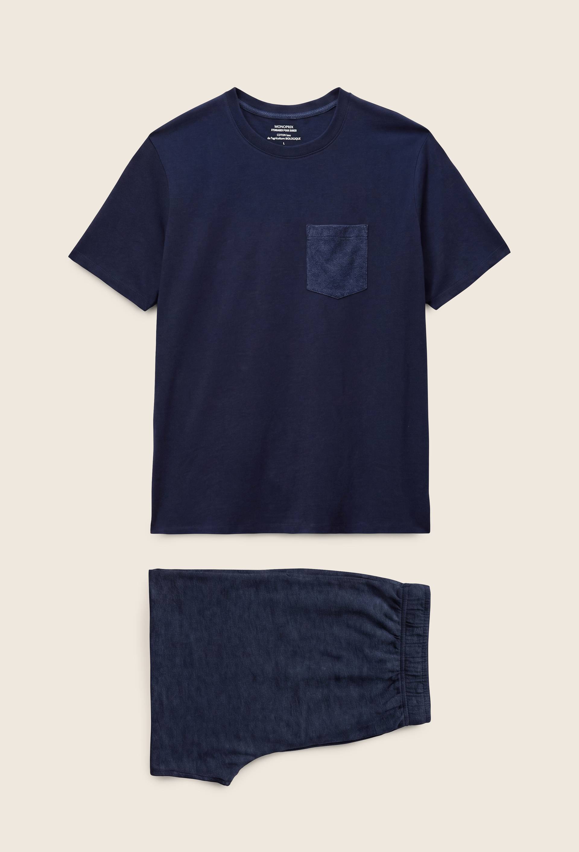 Pyjama T-shirt manches courtes et bermuda en jersey de coton BIO, Bleu fonc&eacute;, large image number 0