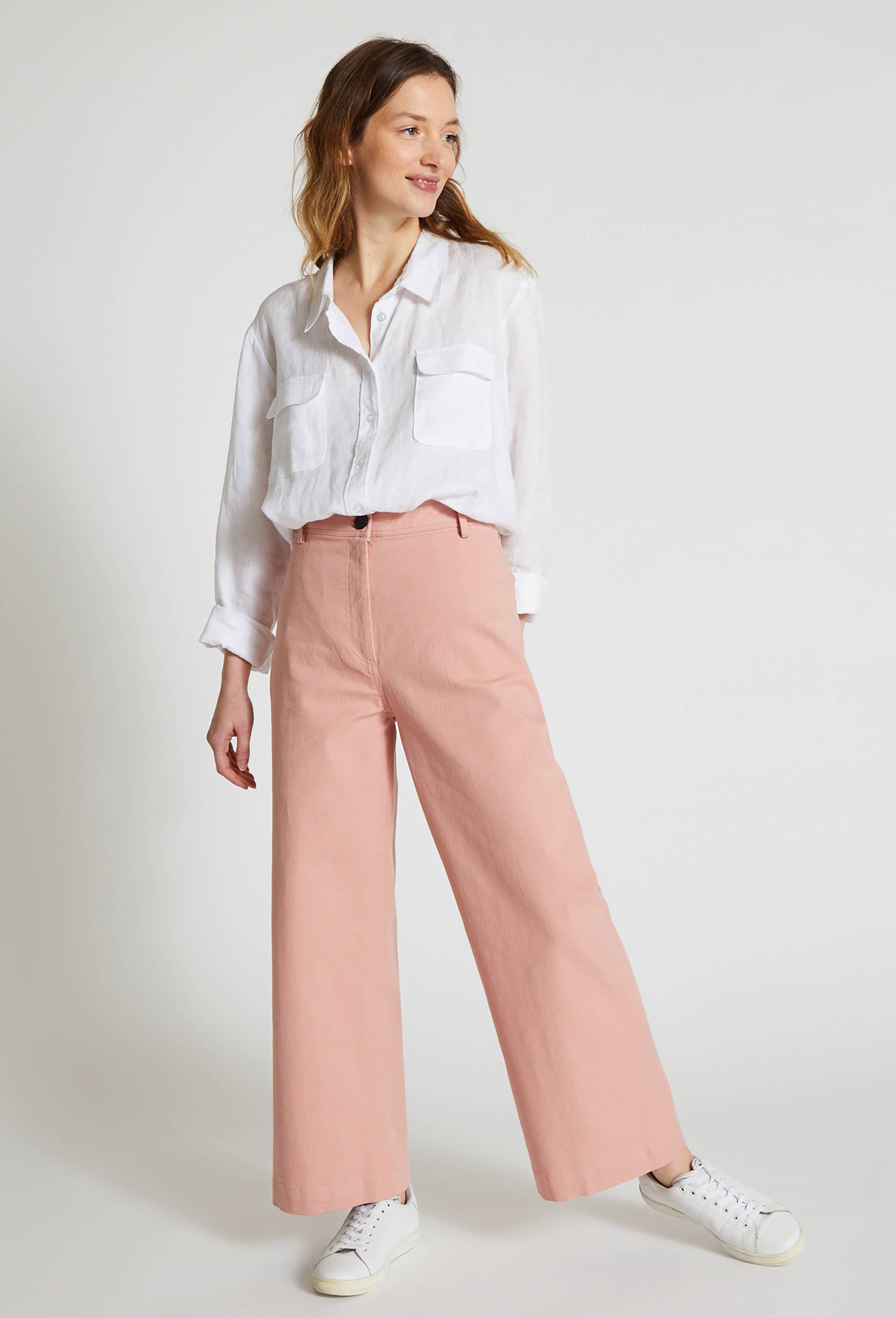 Pantalon large taille haute contenant du coton, Rose, large image number 0