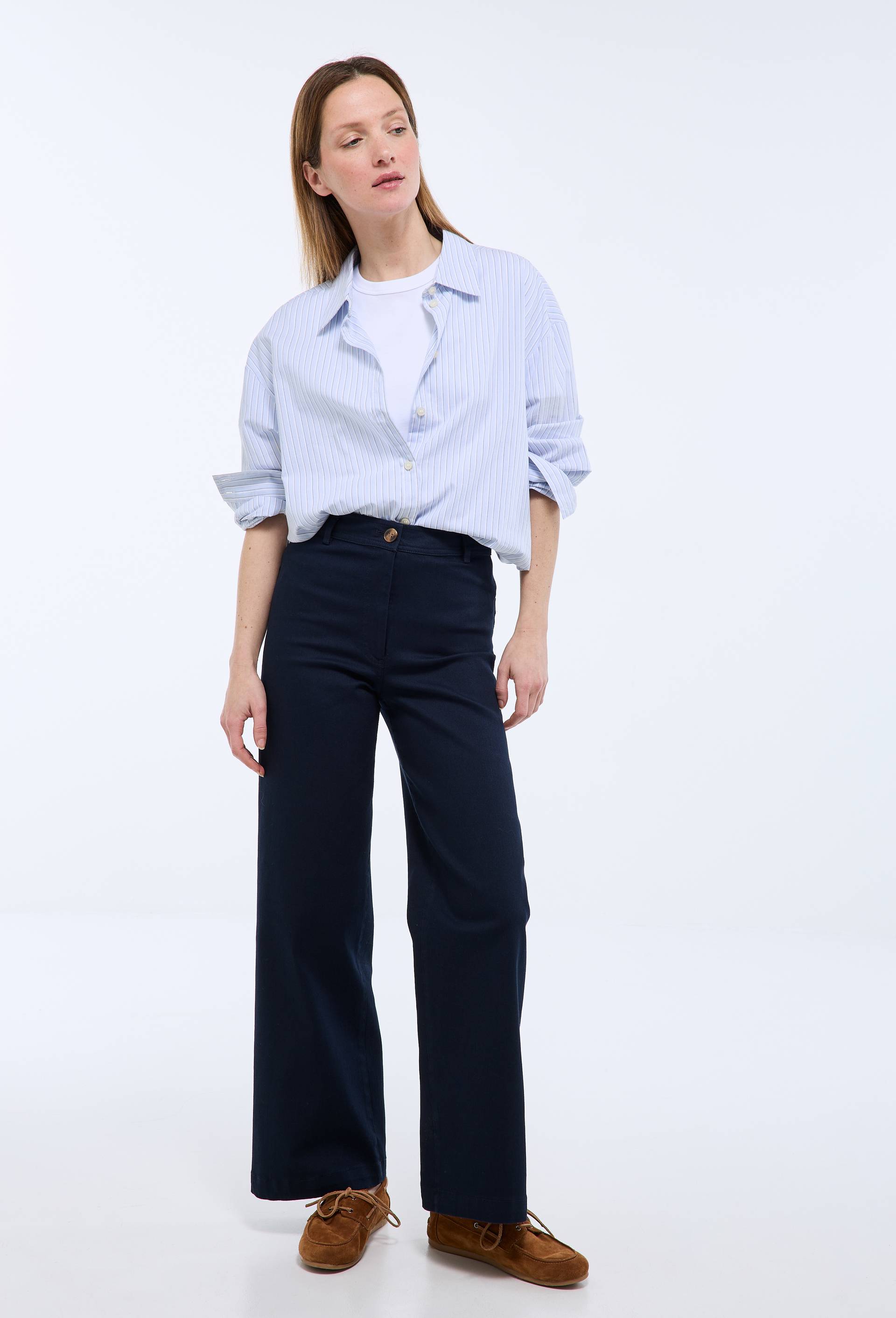 Pantalon large taille haute contenant du coton, Bleu fonc&eacute;, swatch image
