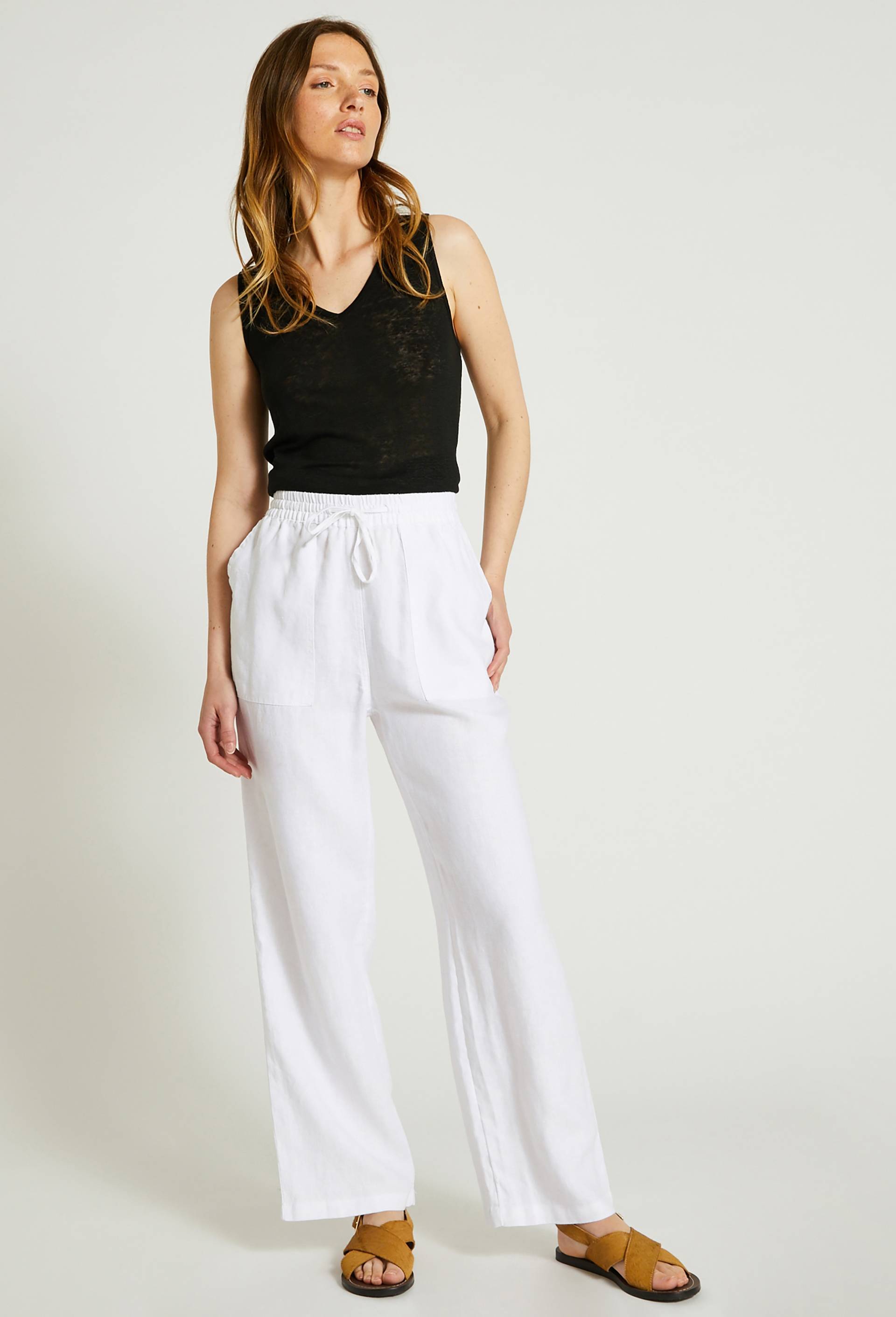 Pantalon taille élastiquée en lin, certifié European Flax, Blanc, large image number 0