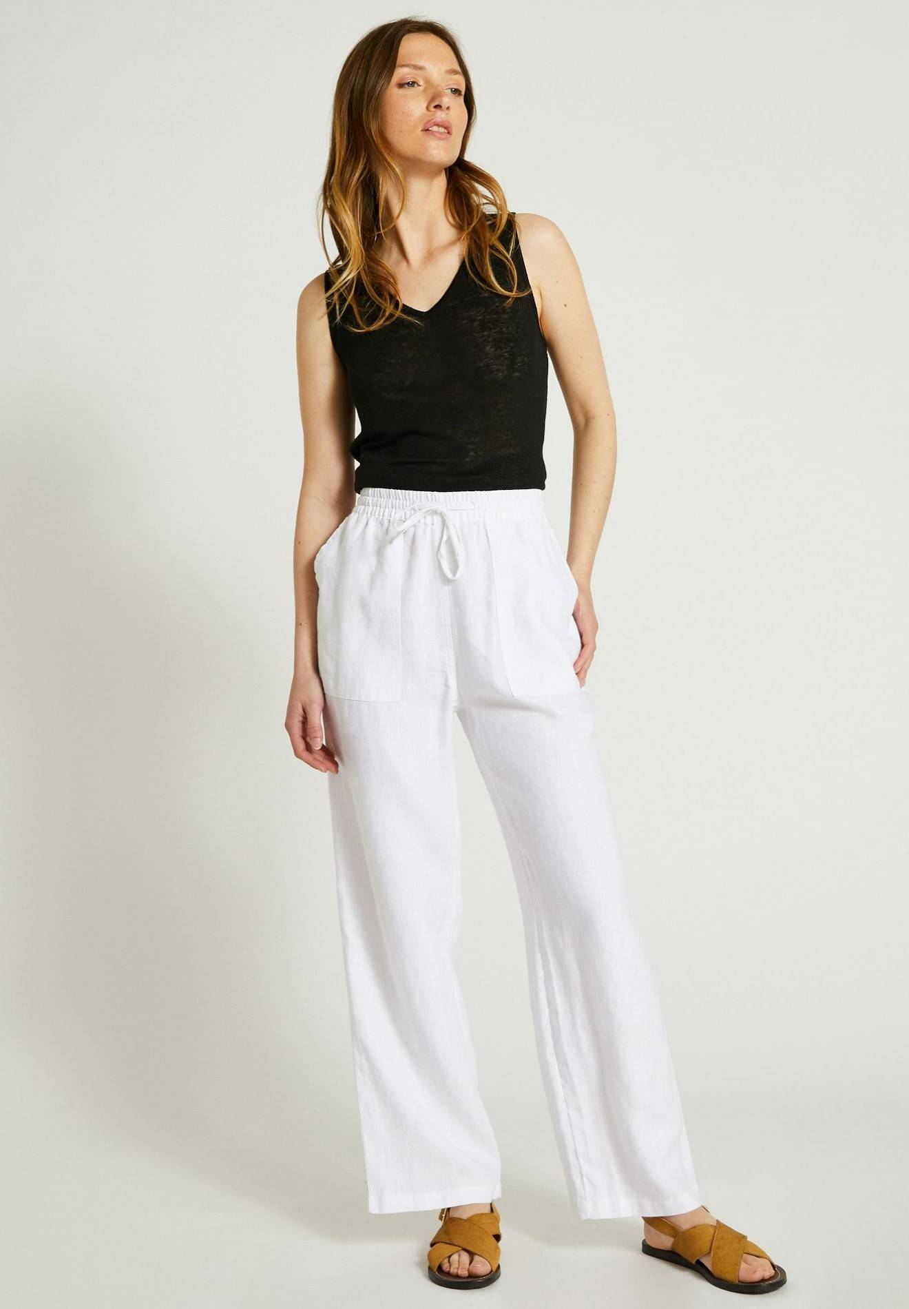 Pantalon taille élastiquée en lin, certifié European Flax, Blanc, large image number 3