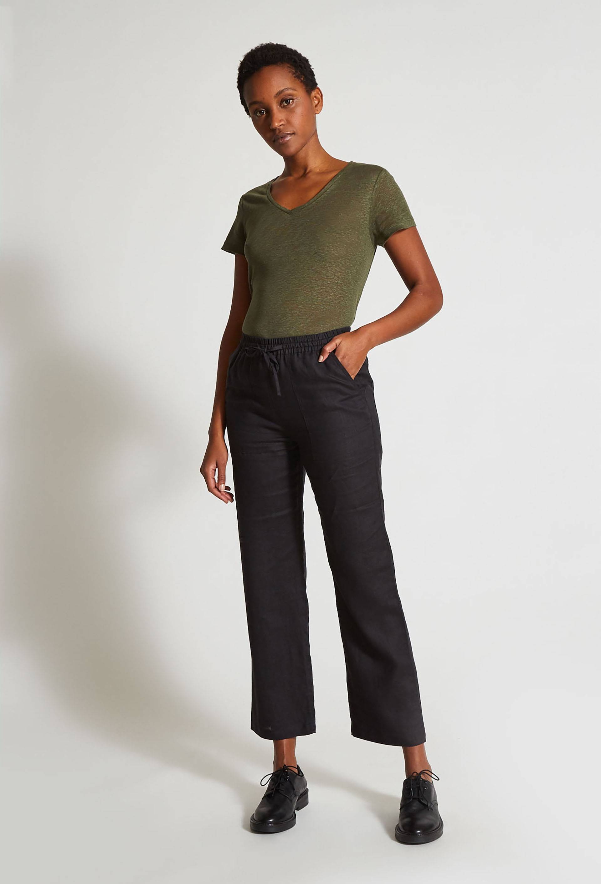 Pantalon taille élastiquée en lin, certifié European Flax, Noir, large image number 0.0