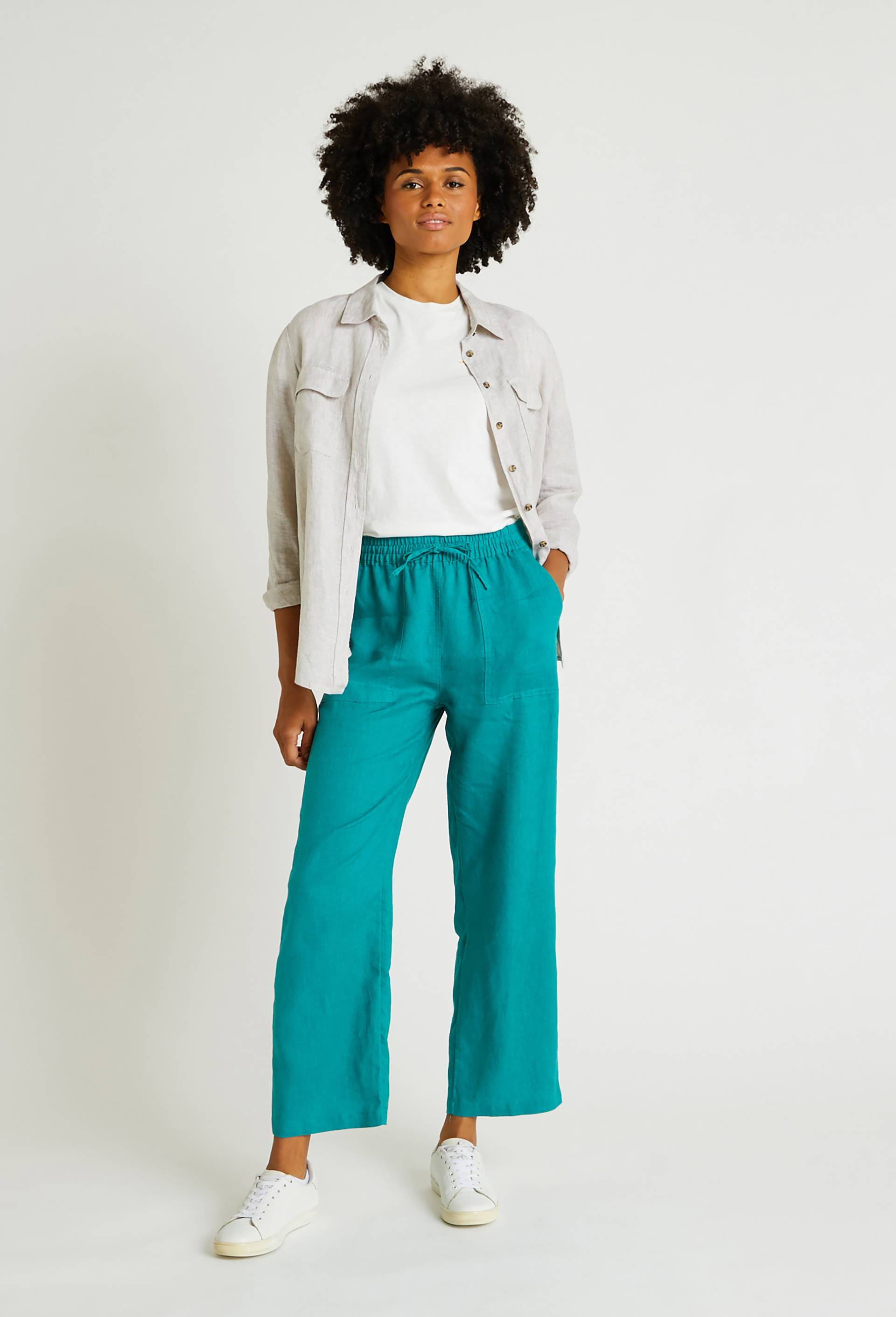 Pantalon taille élastiquée en lin, certifié European Flax, Vert, large image number 0