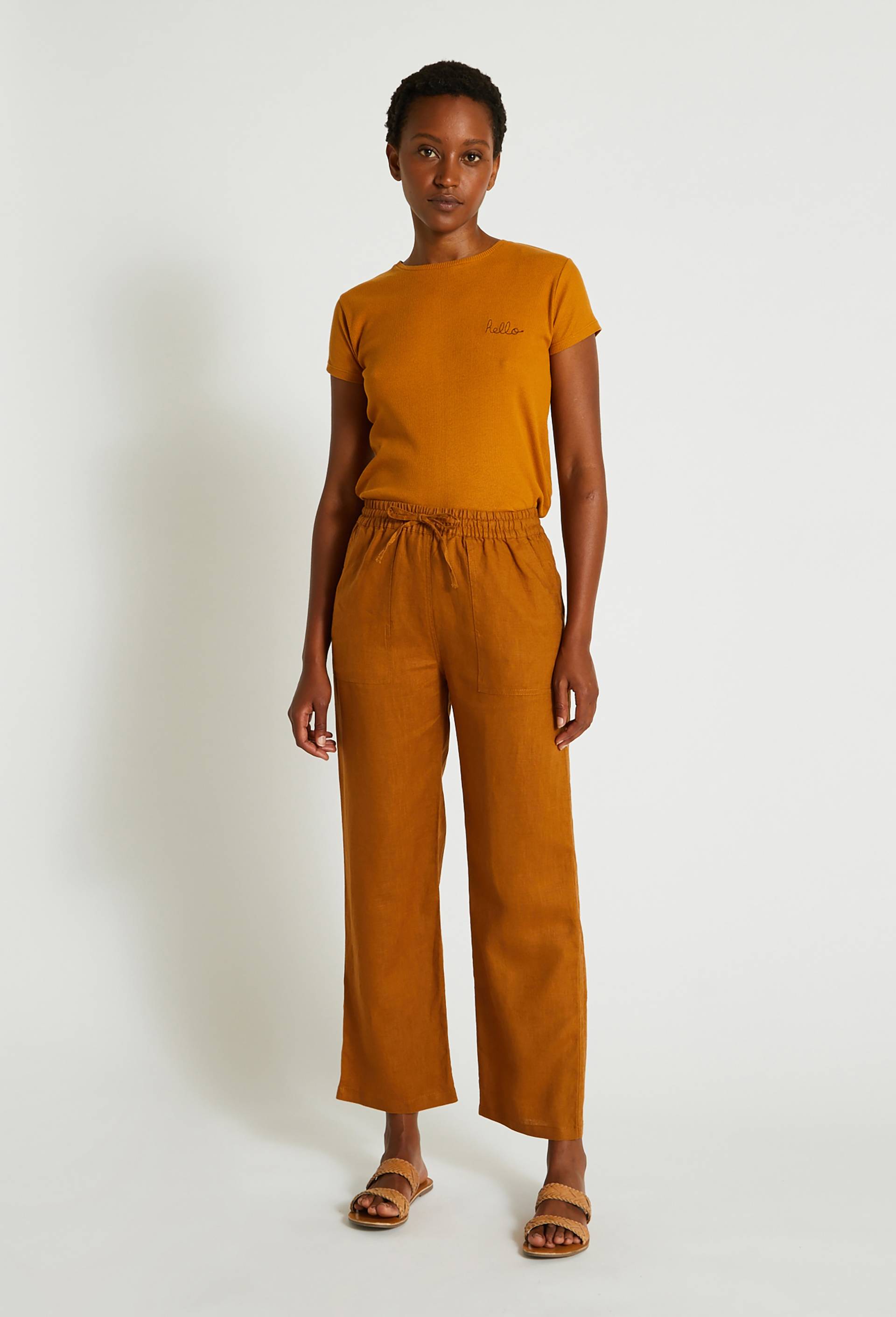Pantalon taille élastiquée en lin, certifié European Flax, Brun clair, large image number 0.0