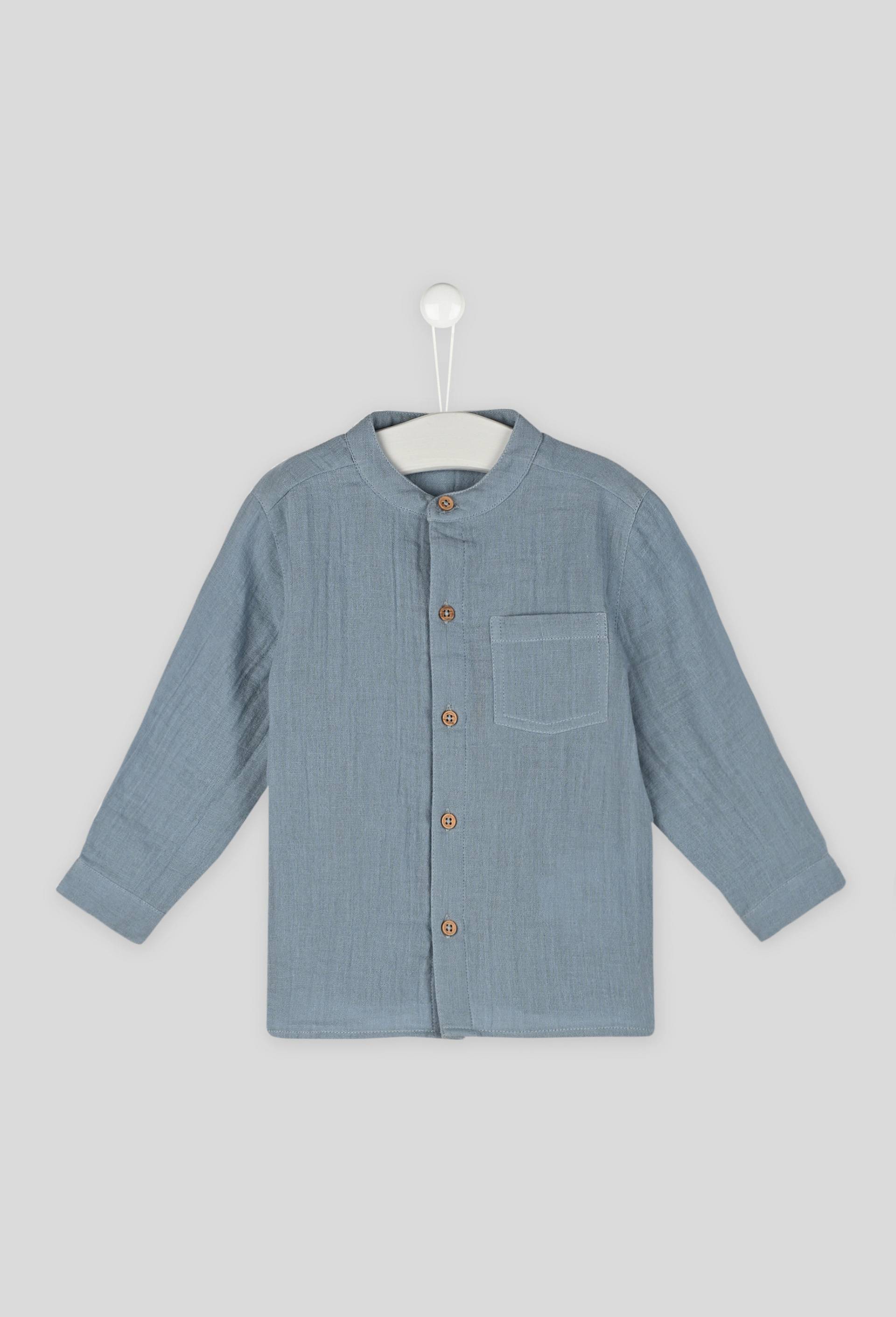Chemise unie col mao manches longues en gaze de coton, gar&ccedil;on, en coton BIO, OEKO-TEX, Bleu, large image number 0