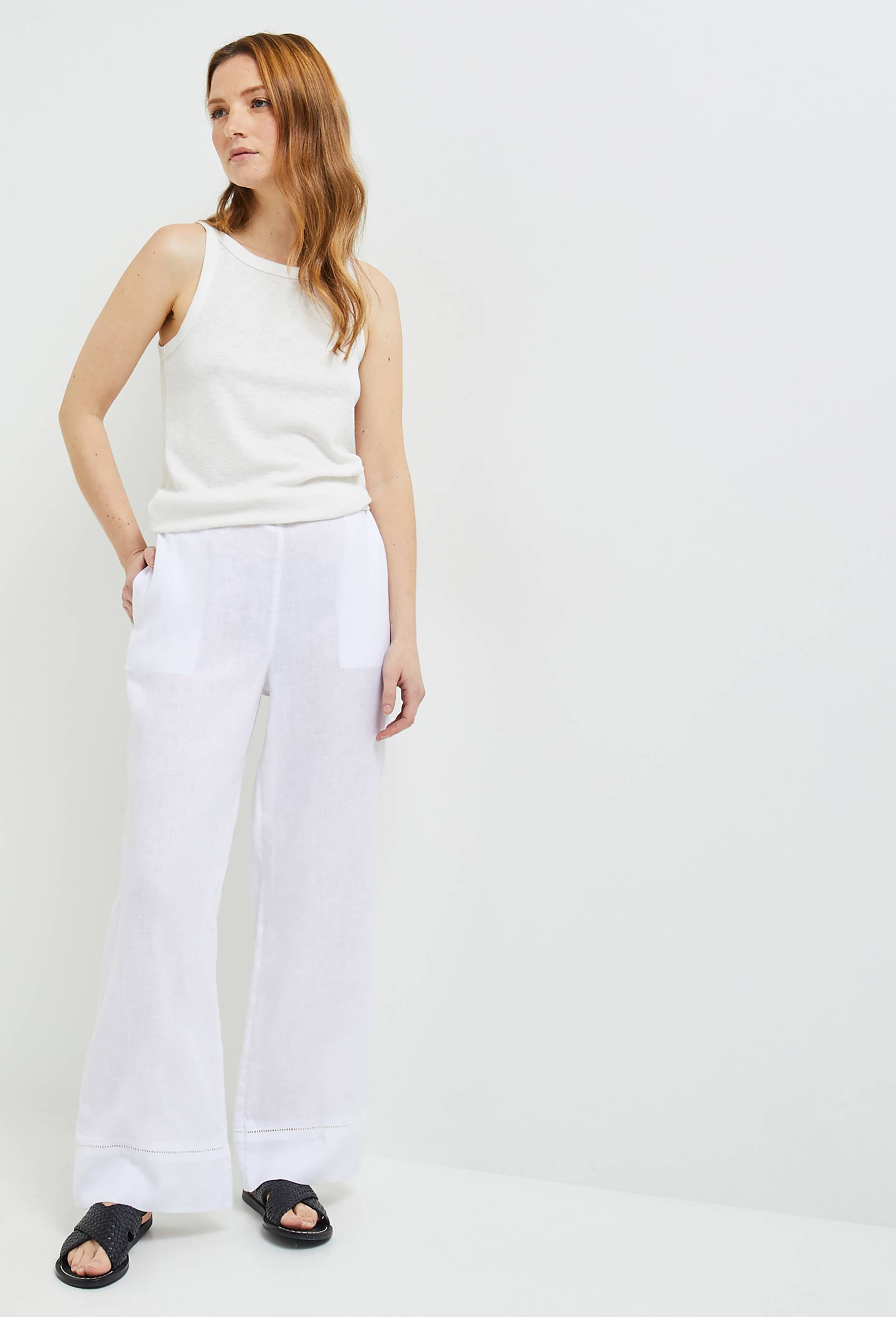 Pantalon droit d&eacute;tails jour &eacute;chelle en lin, European Flax, Blanc, large image number 0