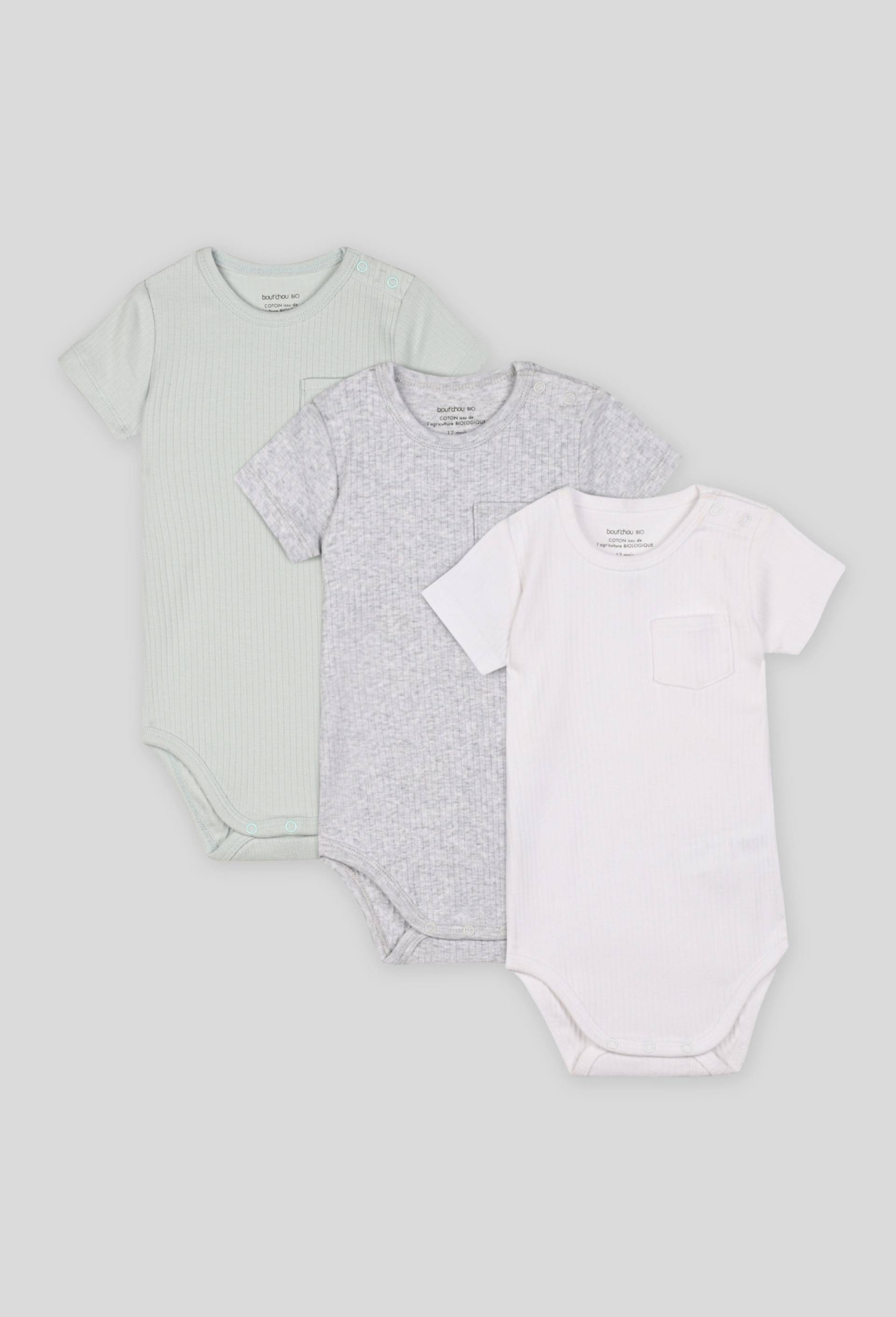 Lot de 3 bodies côtelés manches courtes en coton BIO GOTS, Blanc, swatch image