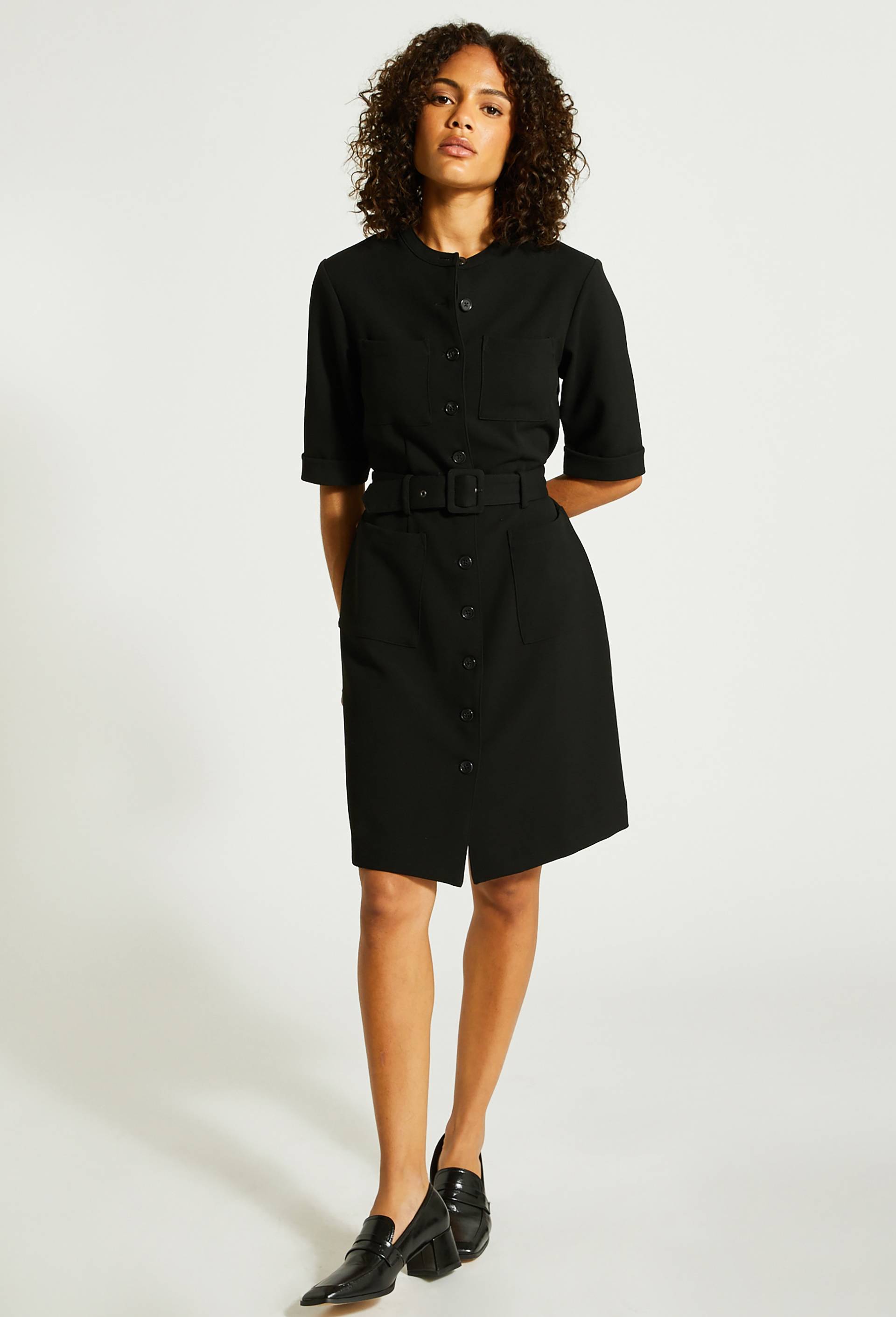 Robe midi boutonnée et ceinturée, Noir, large image number 1