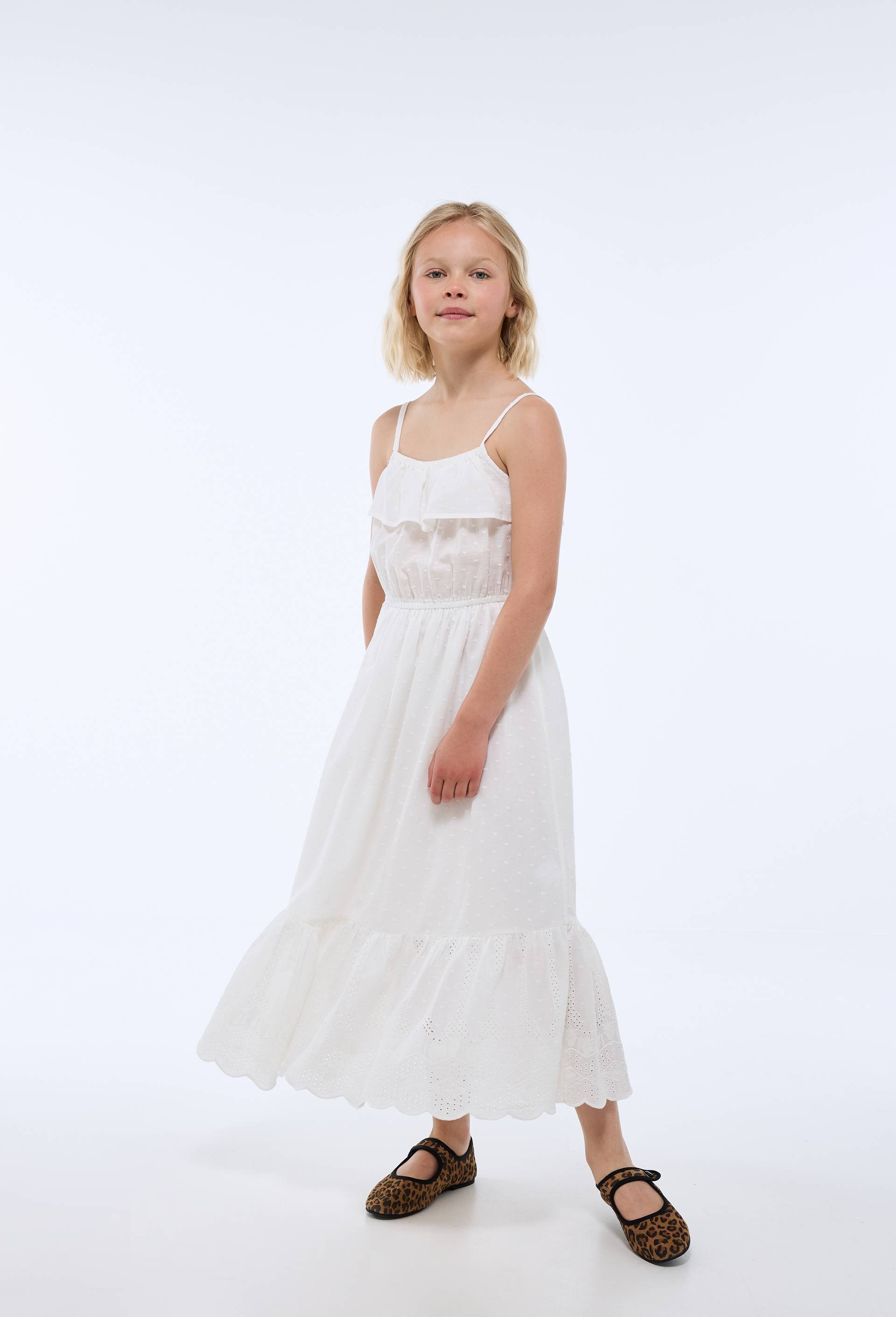 Robe longue &agrave; bretelles et broderies en coton, Ecru, large image number 0