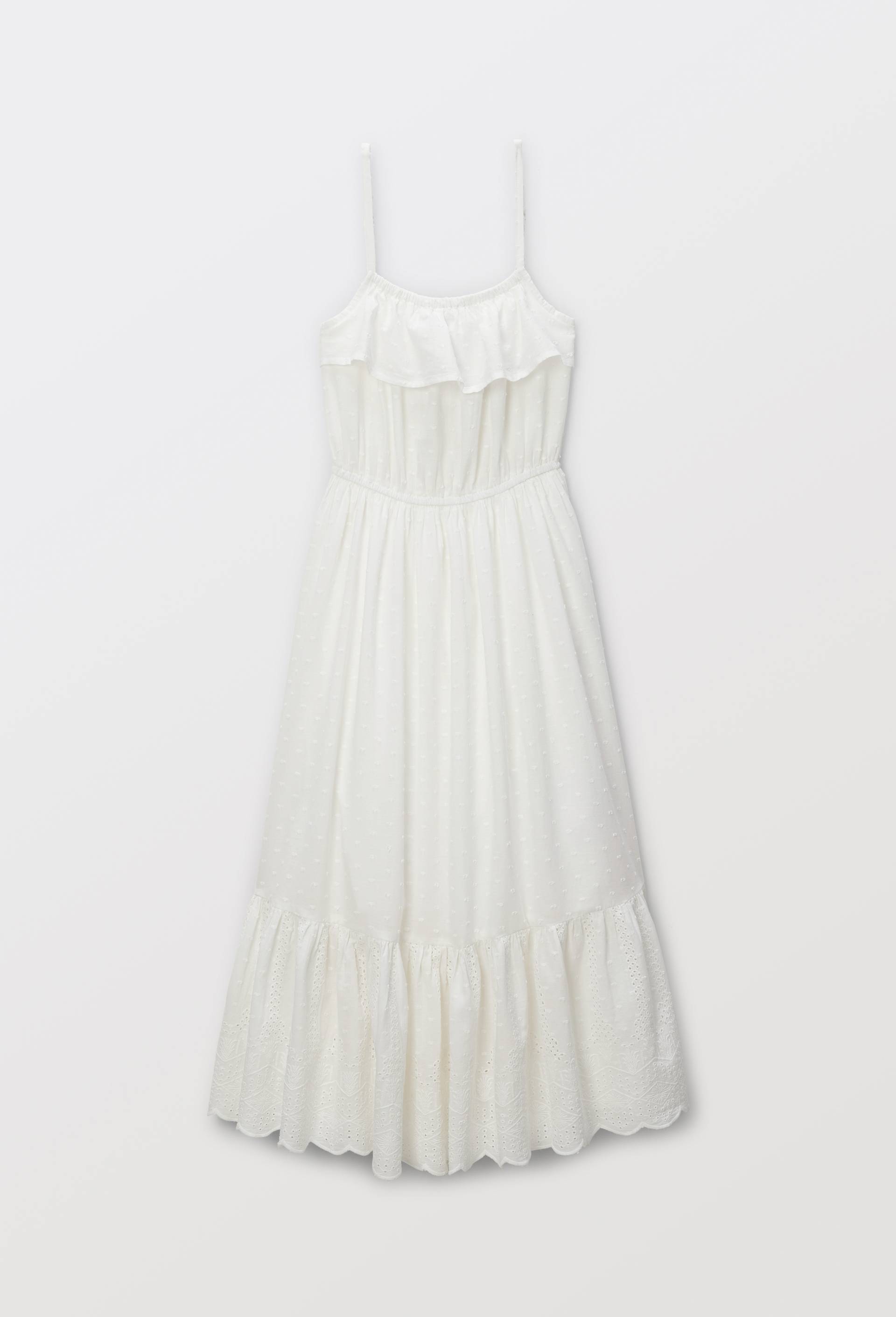 Robe longue &agrave; bretelles et broderies en coton, Ecru, large image number 1
