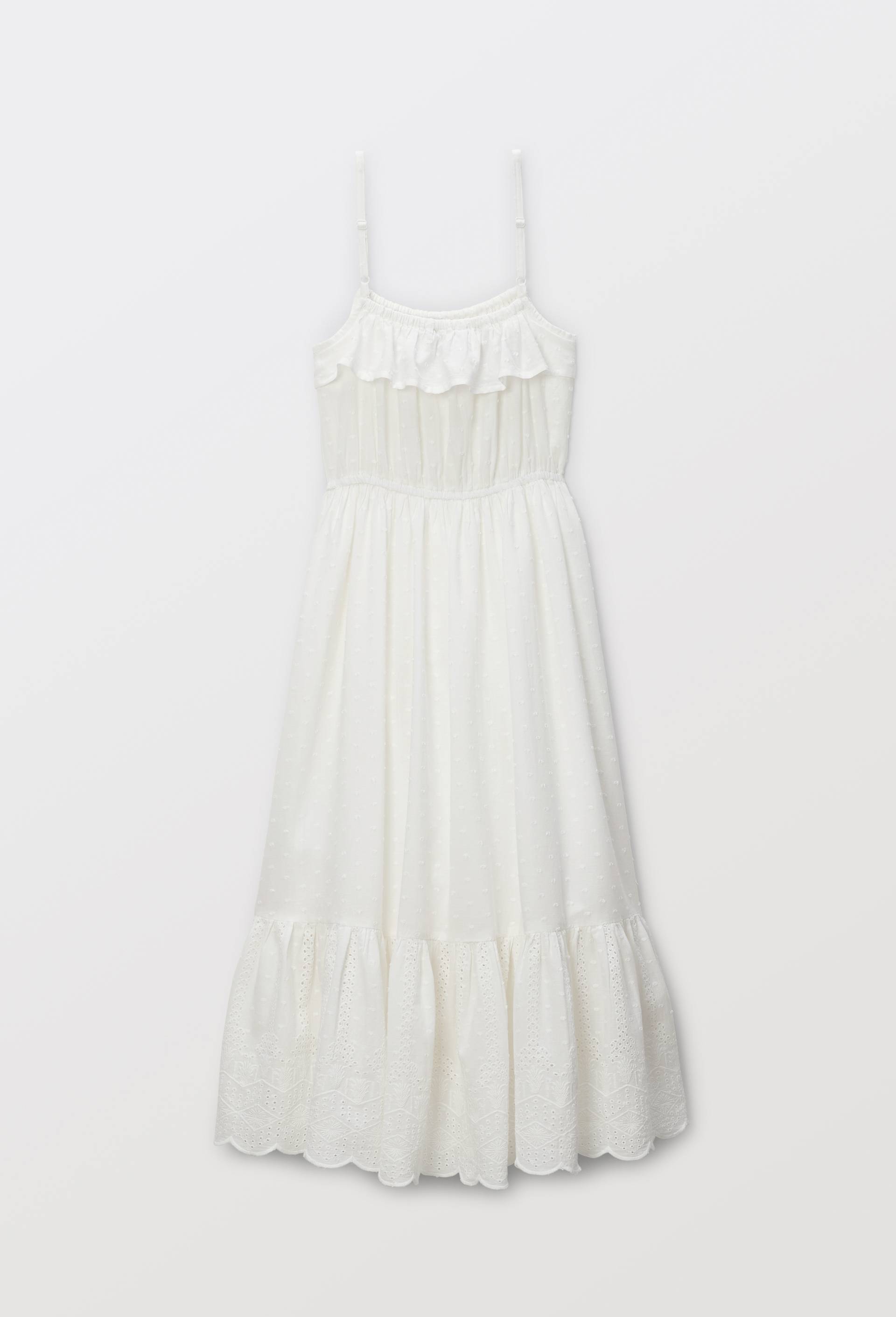 Robe longue &agrave; bretelles et broderies en coton, Ecru, large image number 2