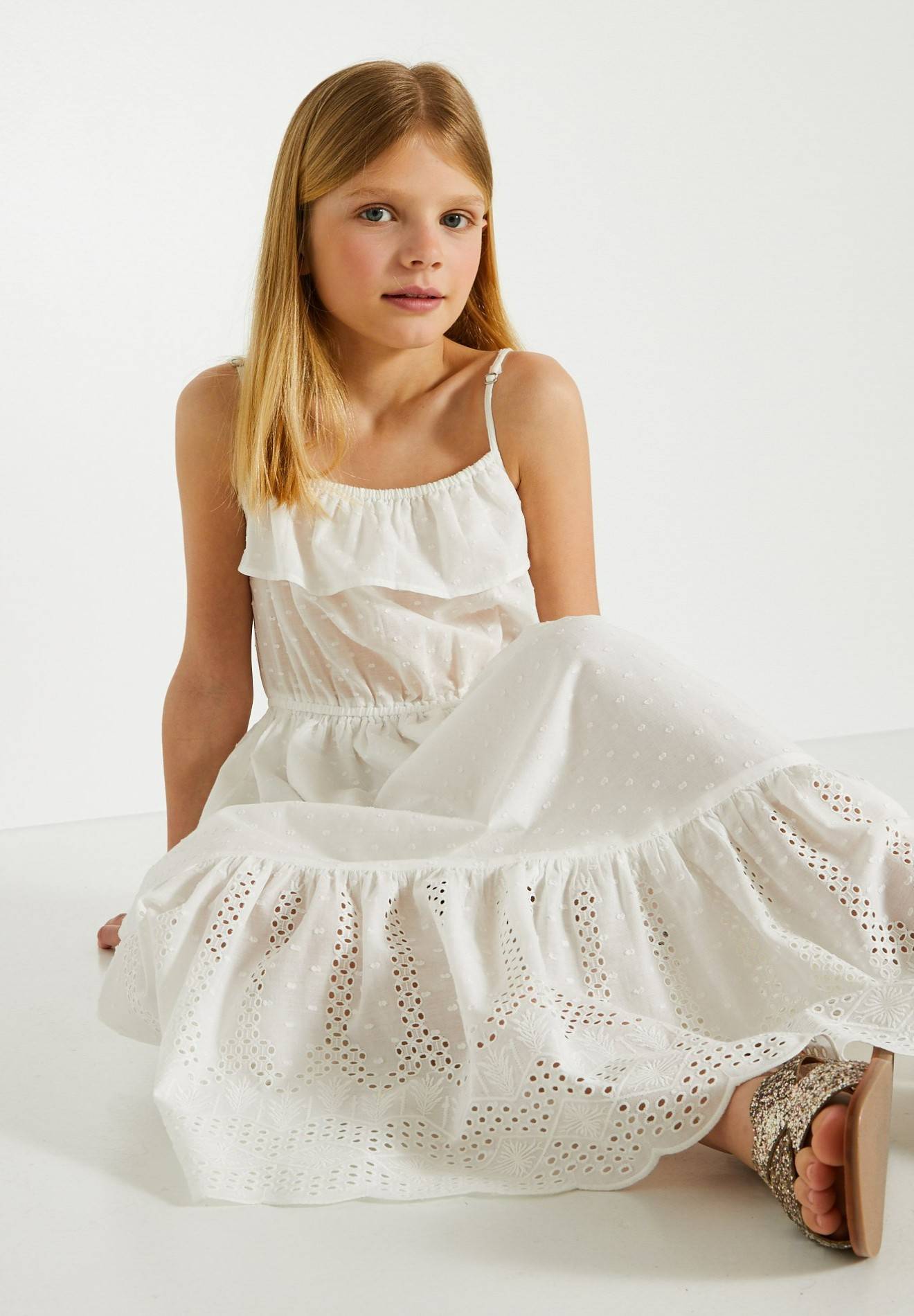 Robe longue &agrave; bretelles et broderies en coton, Ecru, large image number 3