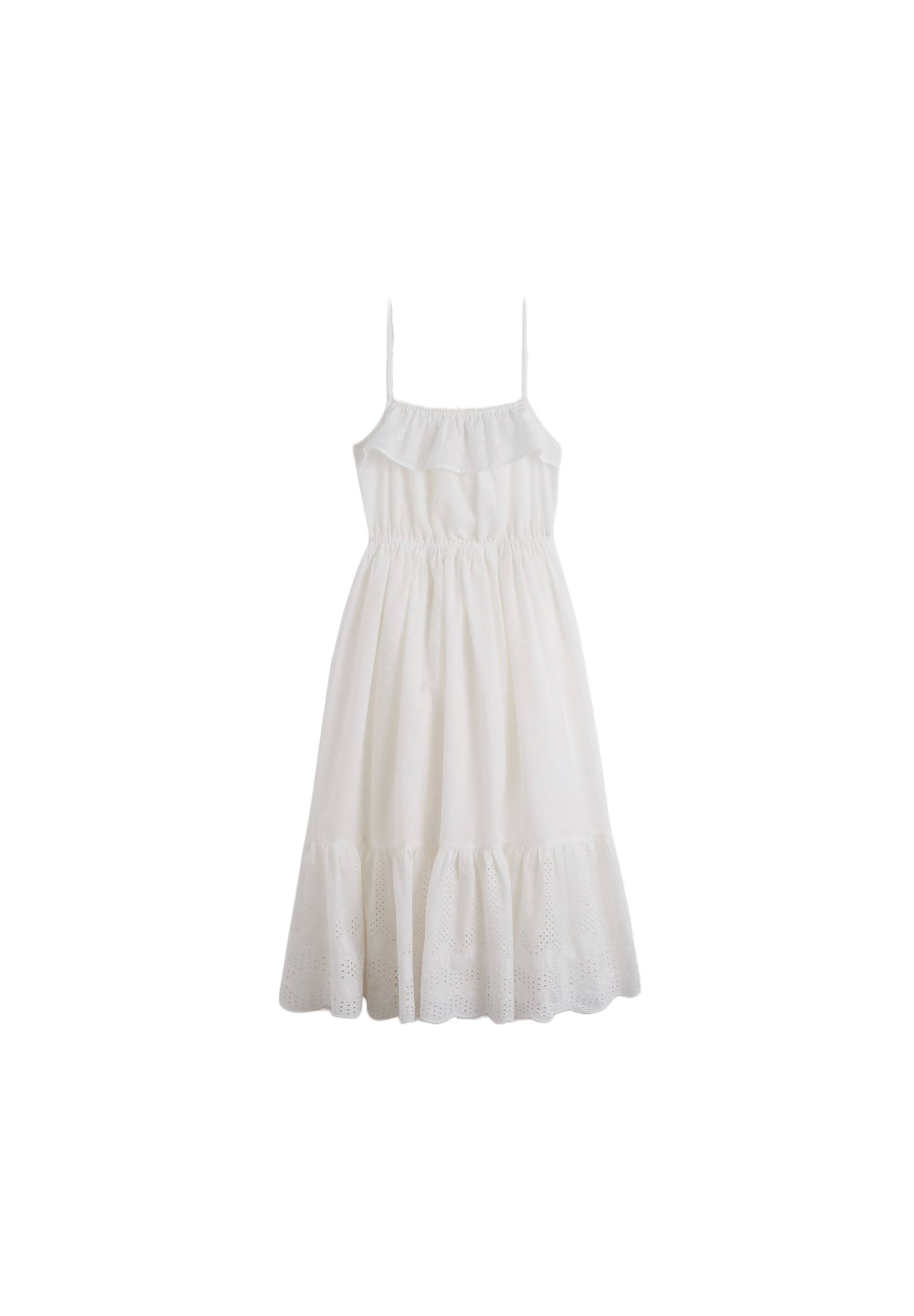 Robe longue &agrave; bretelles et broderies en coton, Ecru, large image number 4