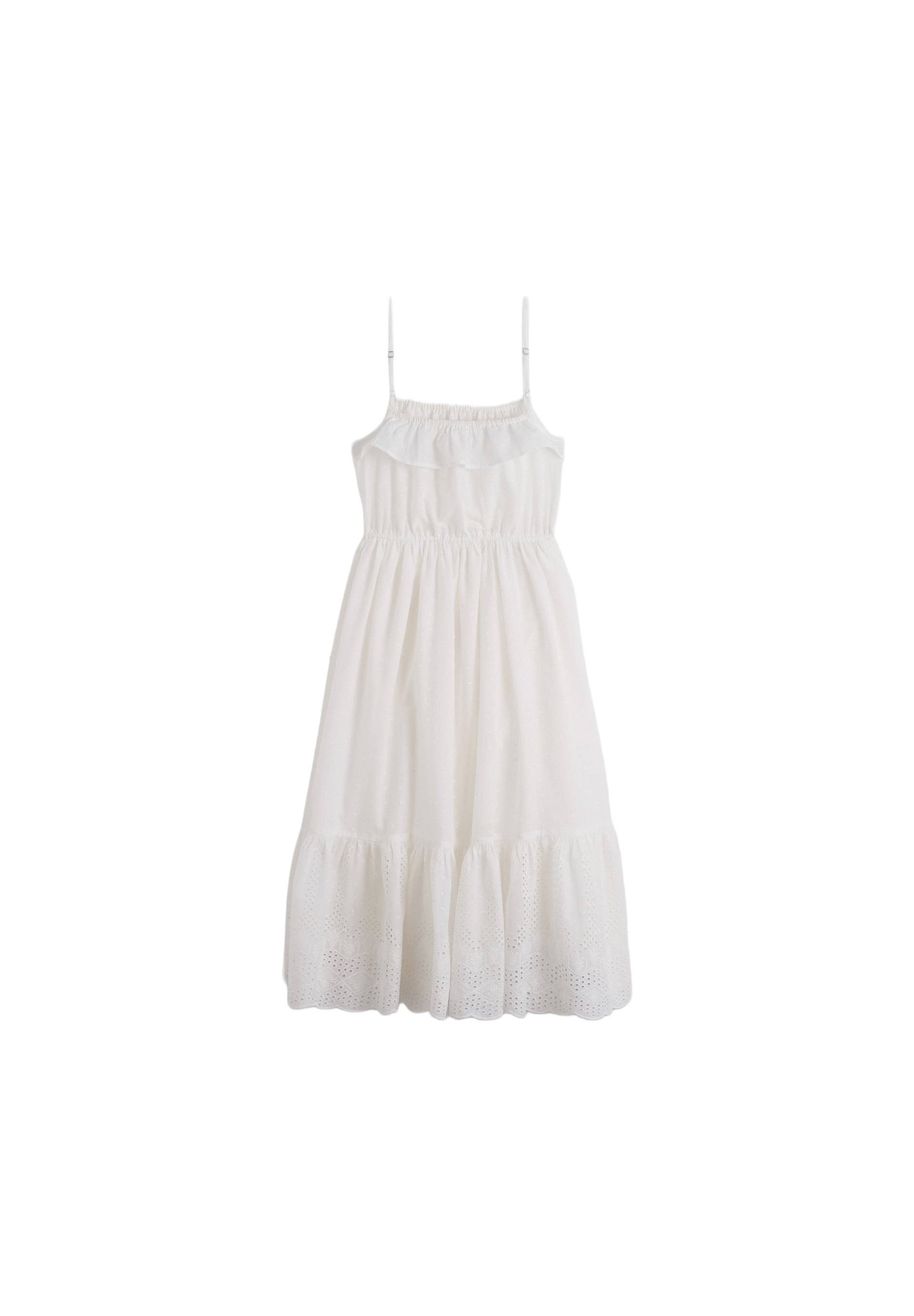 Robe longue &agrave; bretelles et broderies en coton, Ecru, large image number 5
