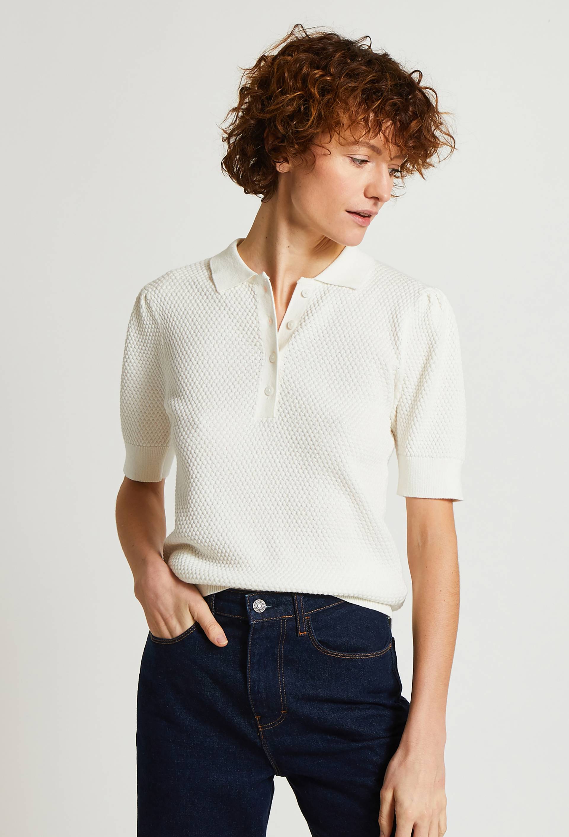 Pull col polo boutonné en coton, Oeko-Tex, Ecru, large image number 0