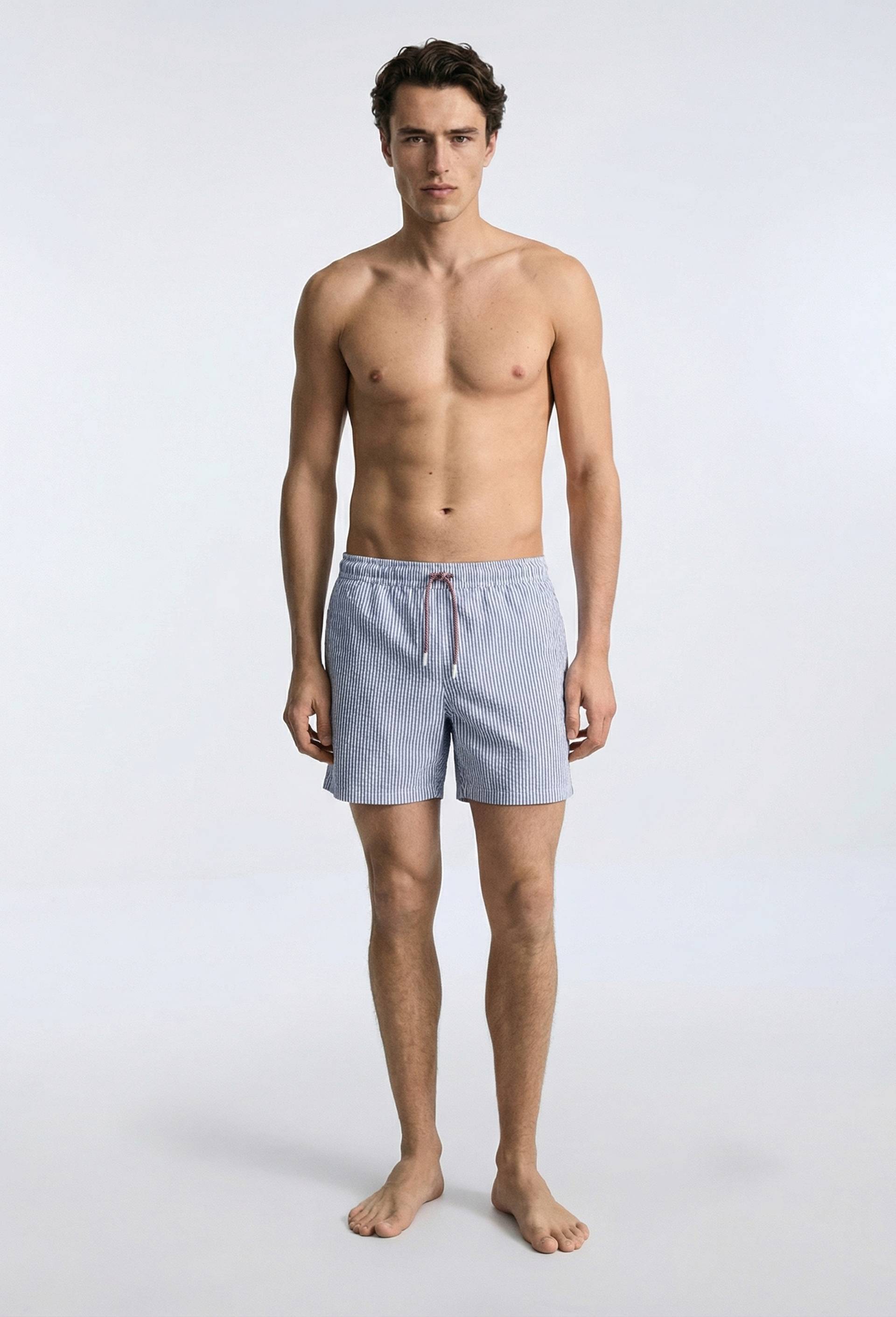 Short de bain seersucker ray&eacute;, Bleu fonc&eacute;, swatch image