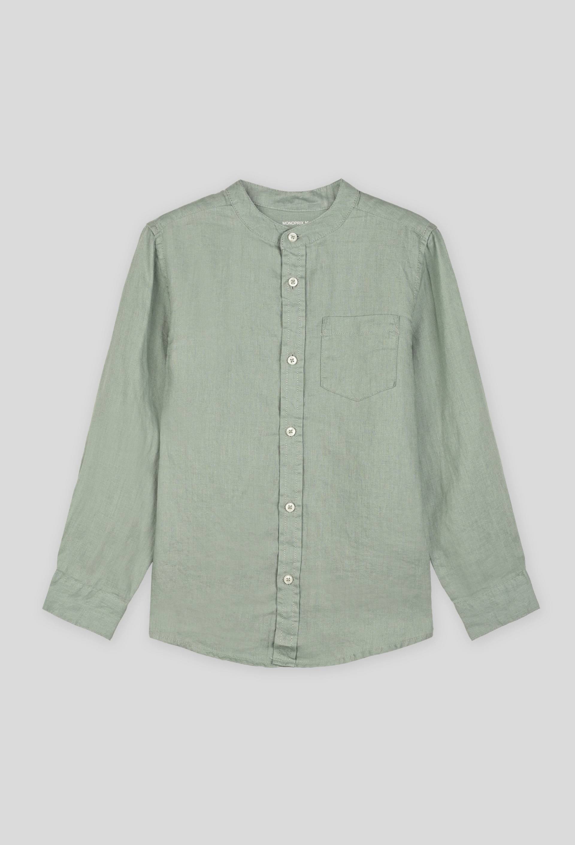Chemise col mao unie en 100% lin, Vert fonc&eacute;, swatch image