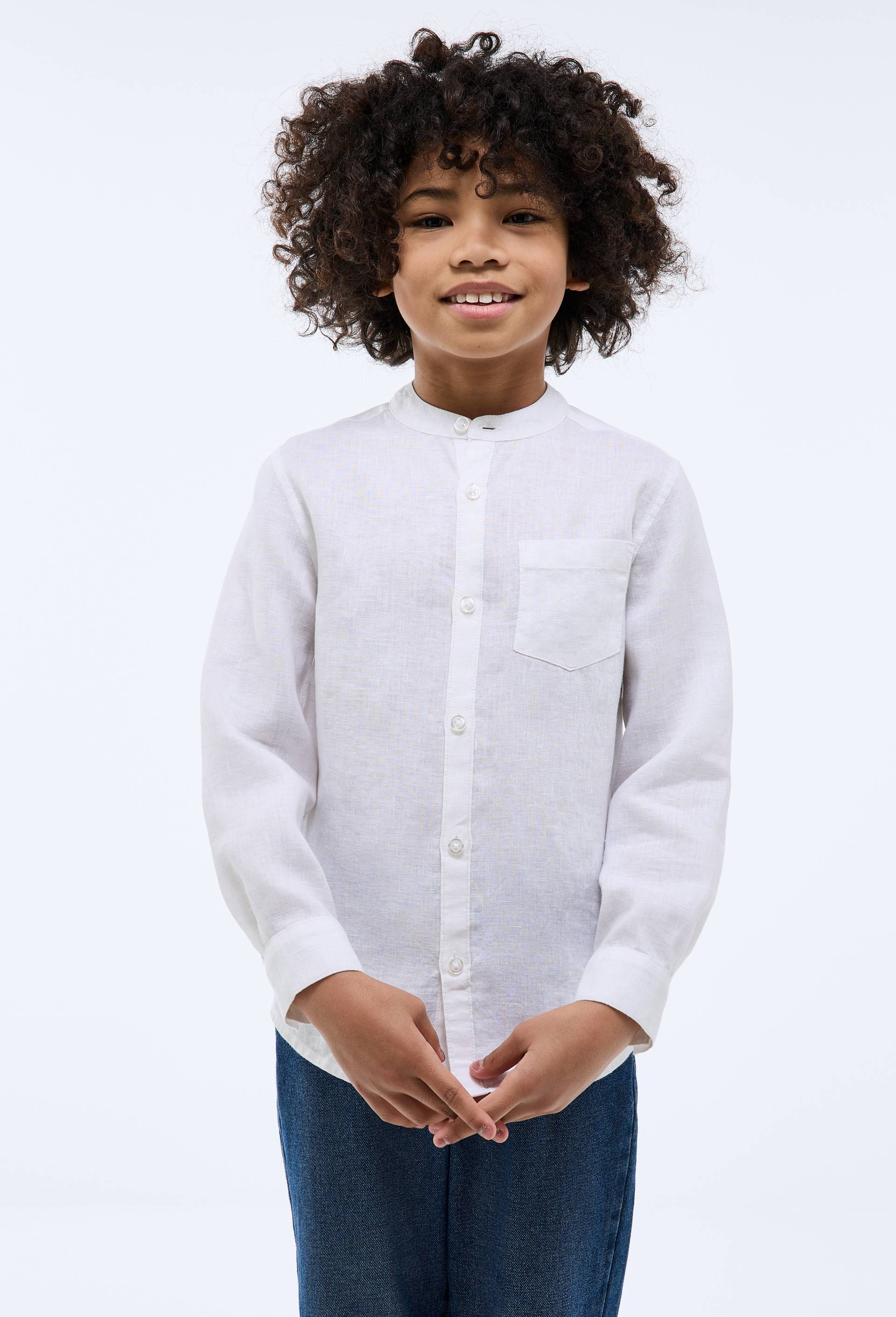 Chemise col mao unie en 100% lin, Ecru, swatch image