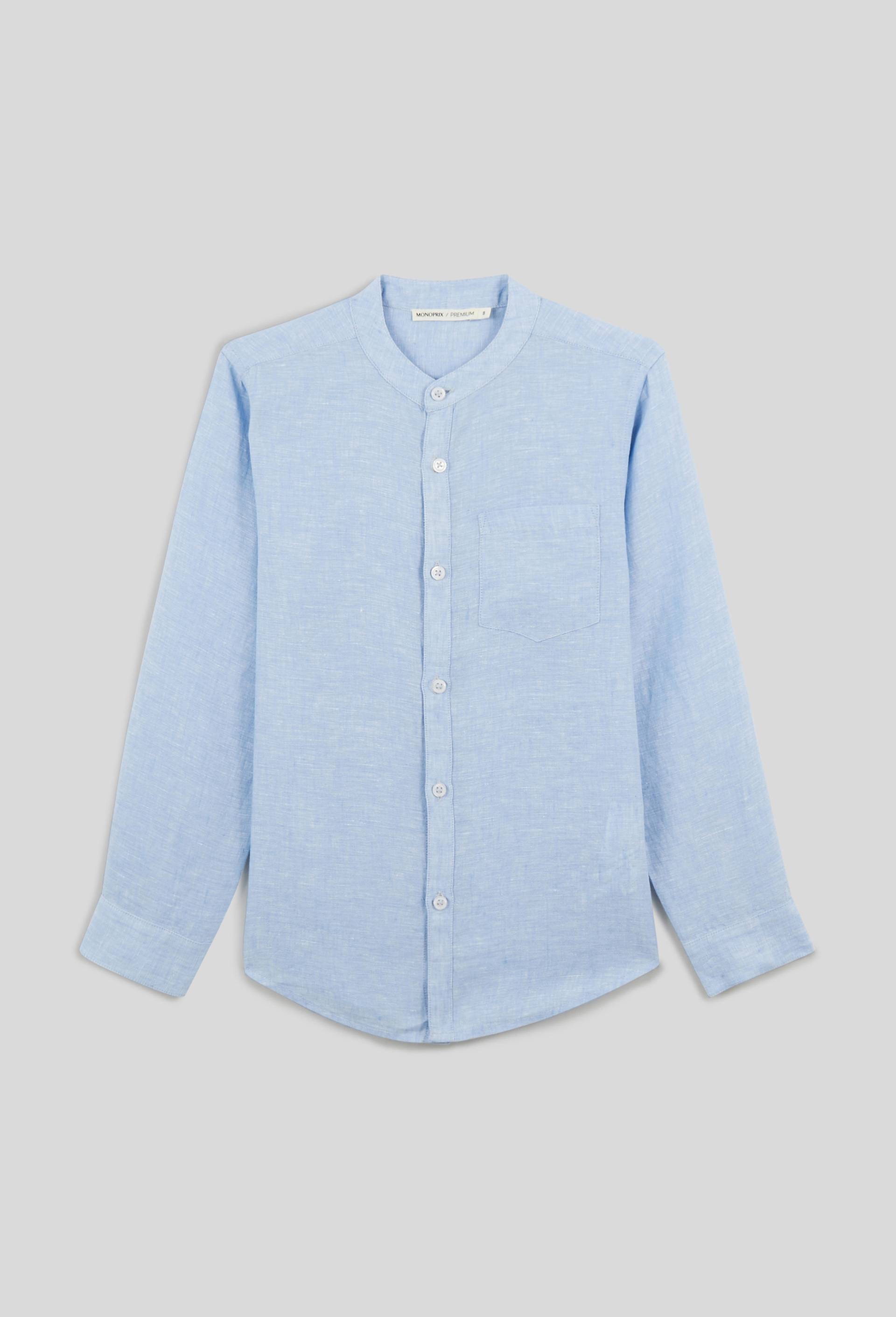 Chemise col mao unie en 100% lin, Bleu clair, swatch image