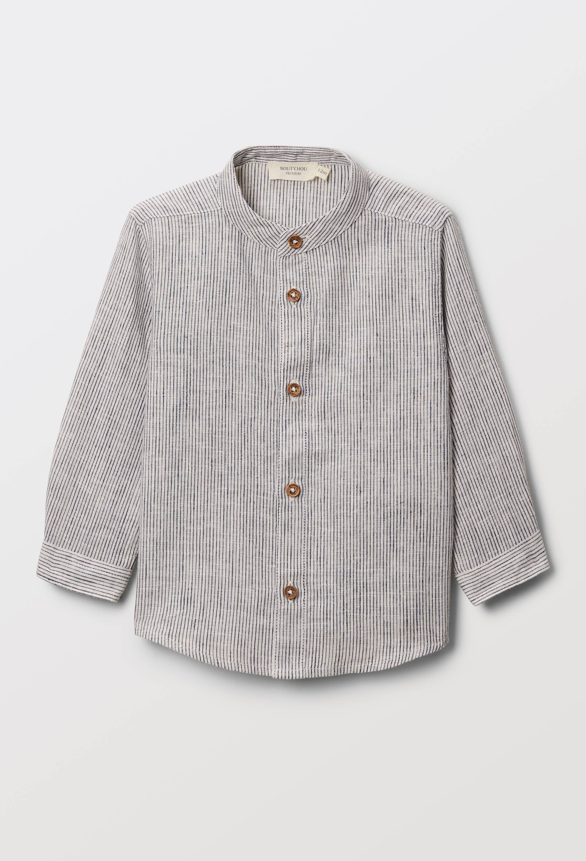 Chemise col mao ray&eacute;e contenant du lin - collection C&eacute;r&eacute;monie, Bleu fonc&eacute;, large image number 1.0