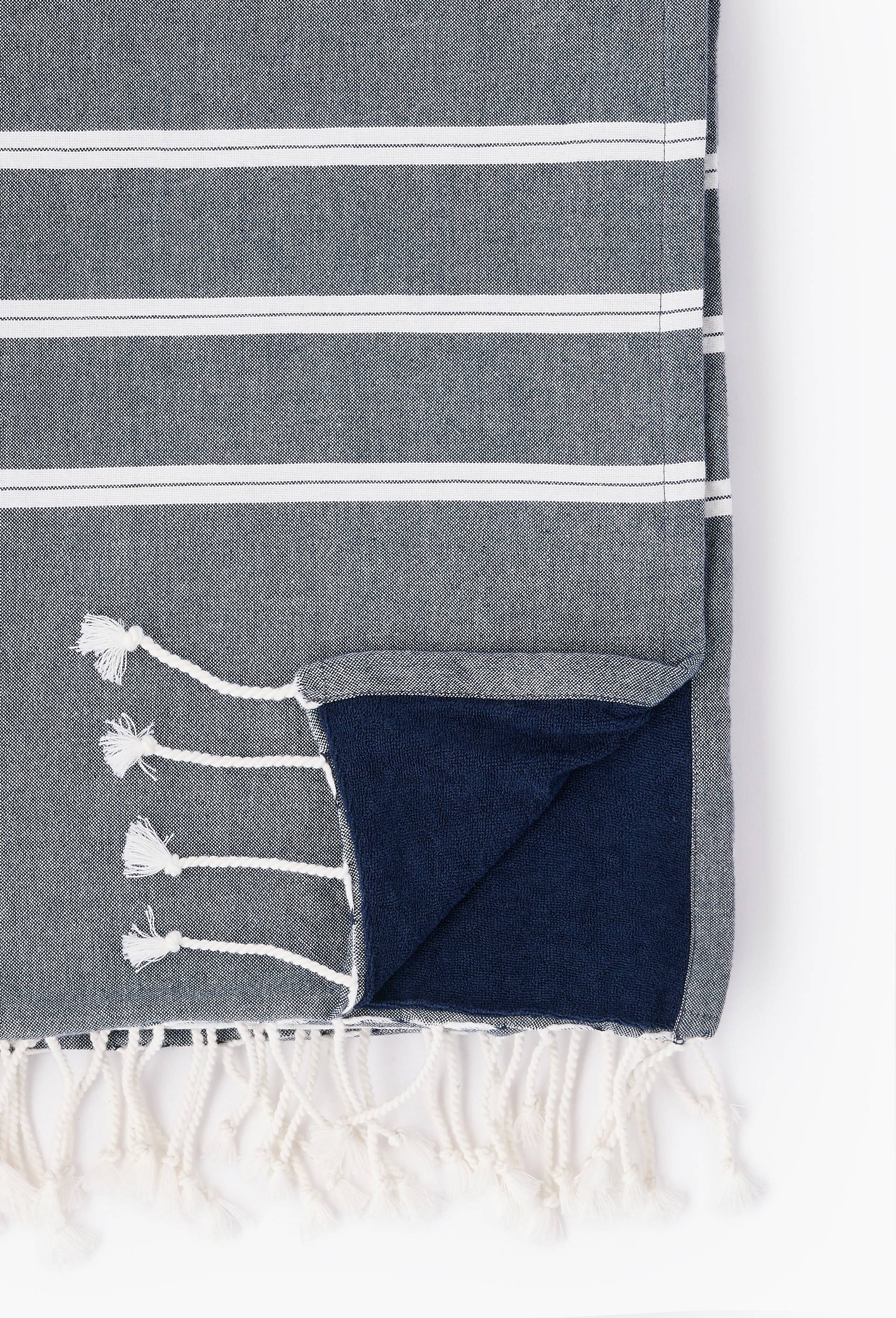 Fouta doubl&eacute;e chambray, 100x180cm, Ext&eacute;rieur en coton issu de l'agriculture biologique, Bleu fonc&eacute;, large image number 1