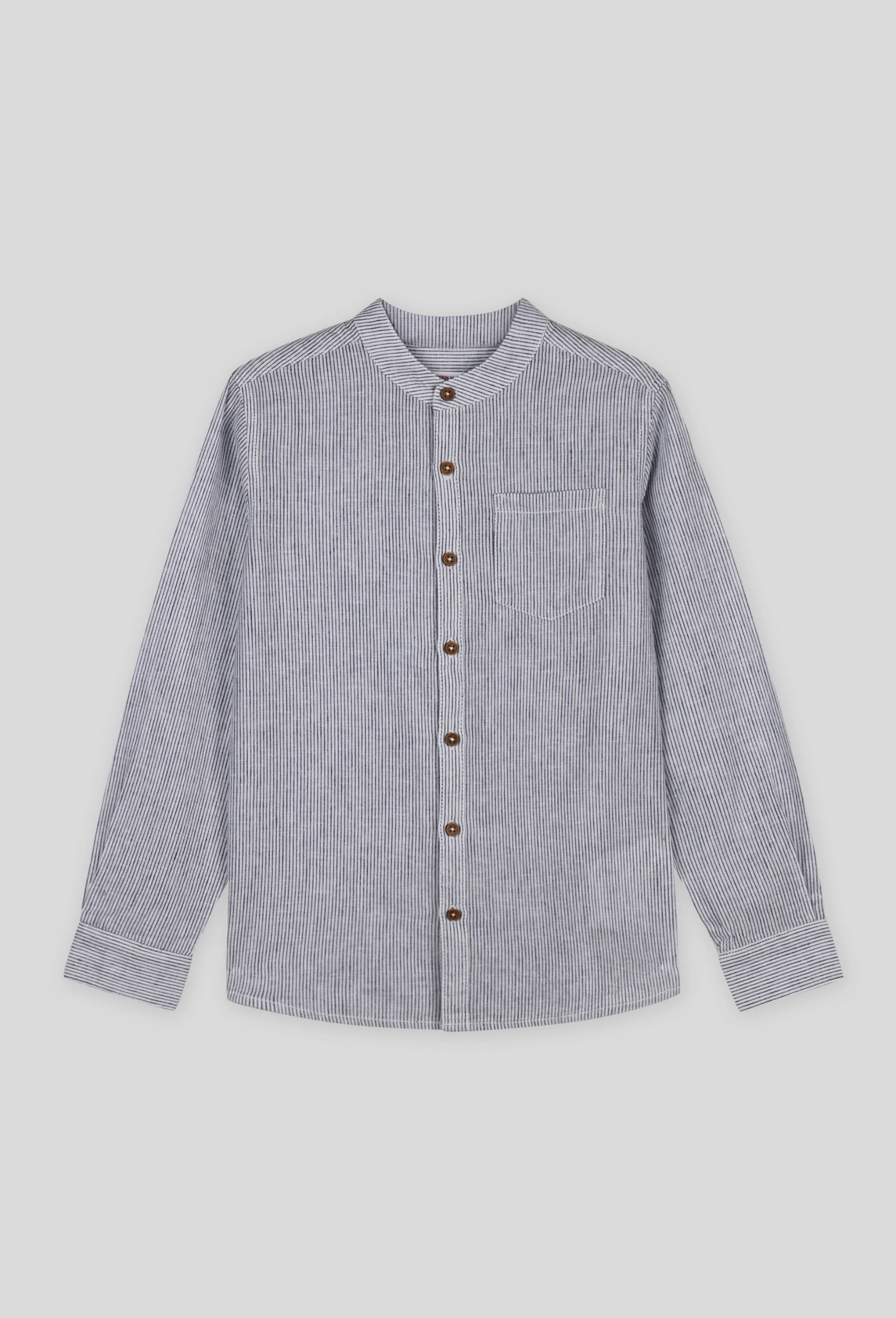 Chemise manches longues col MAO rayée en coton et lin certifiée Oeko-Tex, Ecru, large image number 0