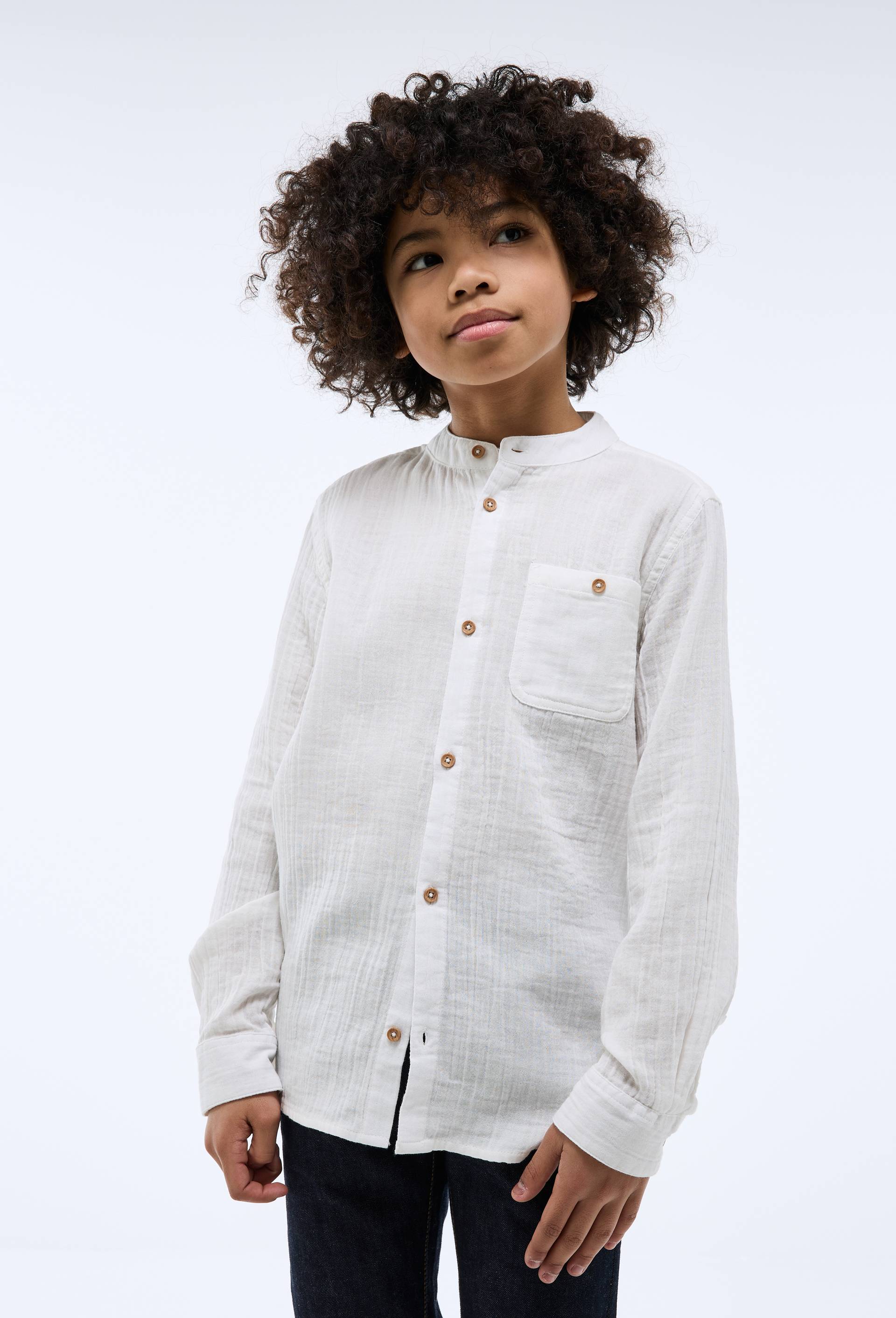Chemise col mao unie en gaze de coton BIO GOTS, Ecru, swatch image