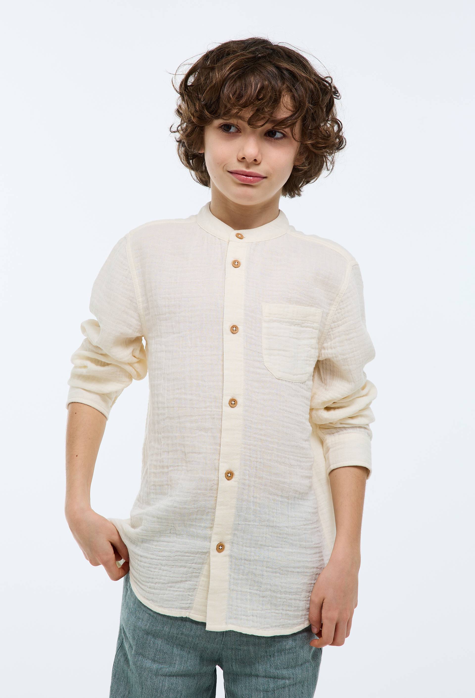Chemise col mao unie en gaze de coton BIO GOTS, Ecru, swatch image