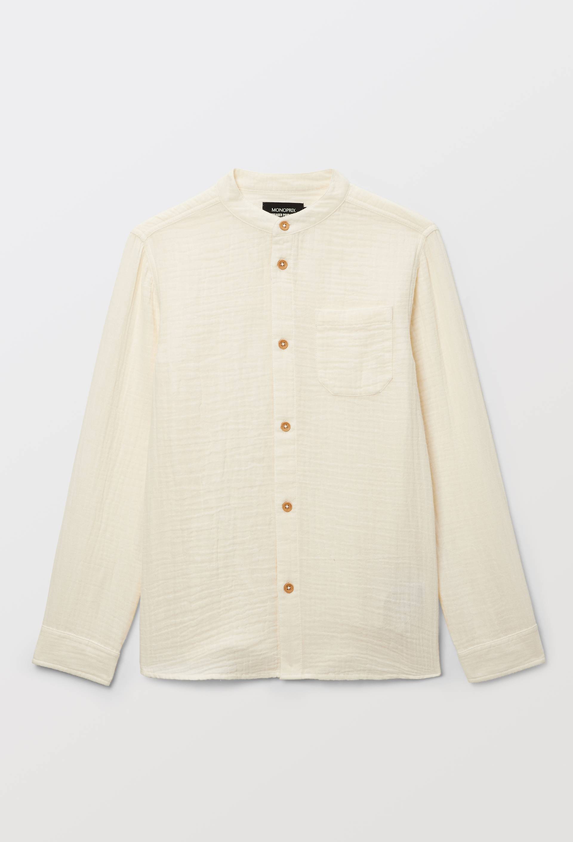 Chemise col mao unie en gaze de coton BIO GOTS, Ecru, large image number 1.0