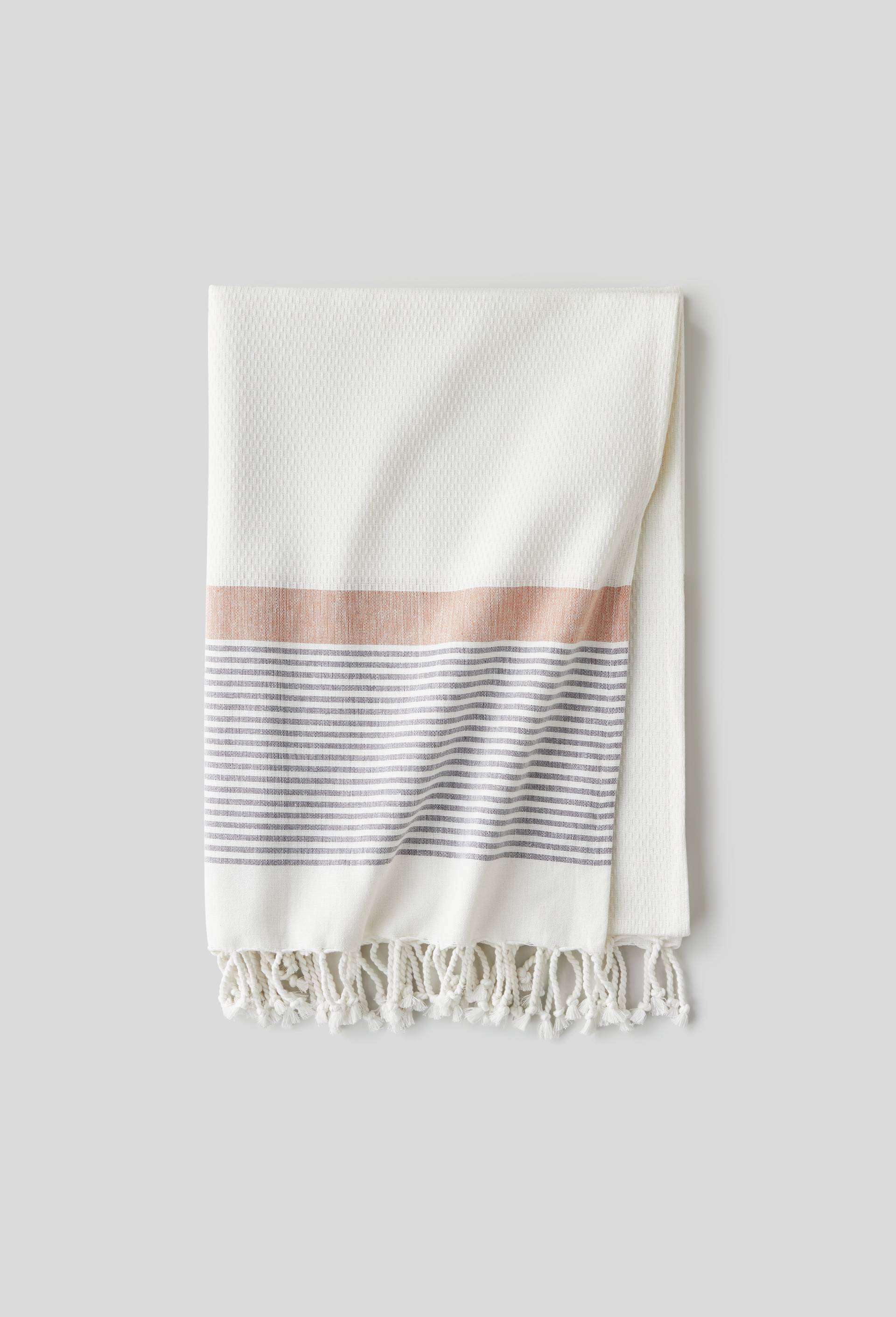 Fouta &agrave; bande, 100x180cm, 100% coton bio, Ecru, large image number 0