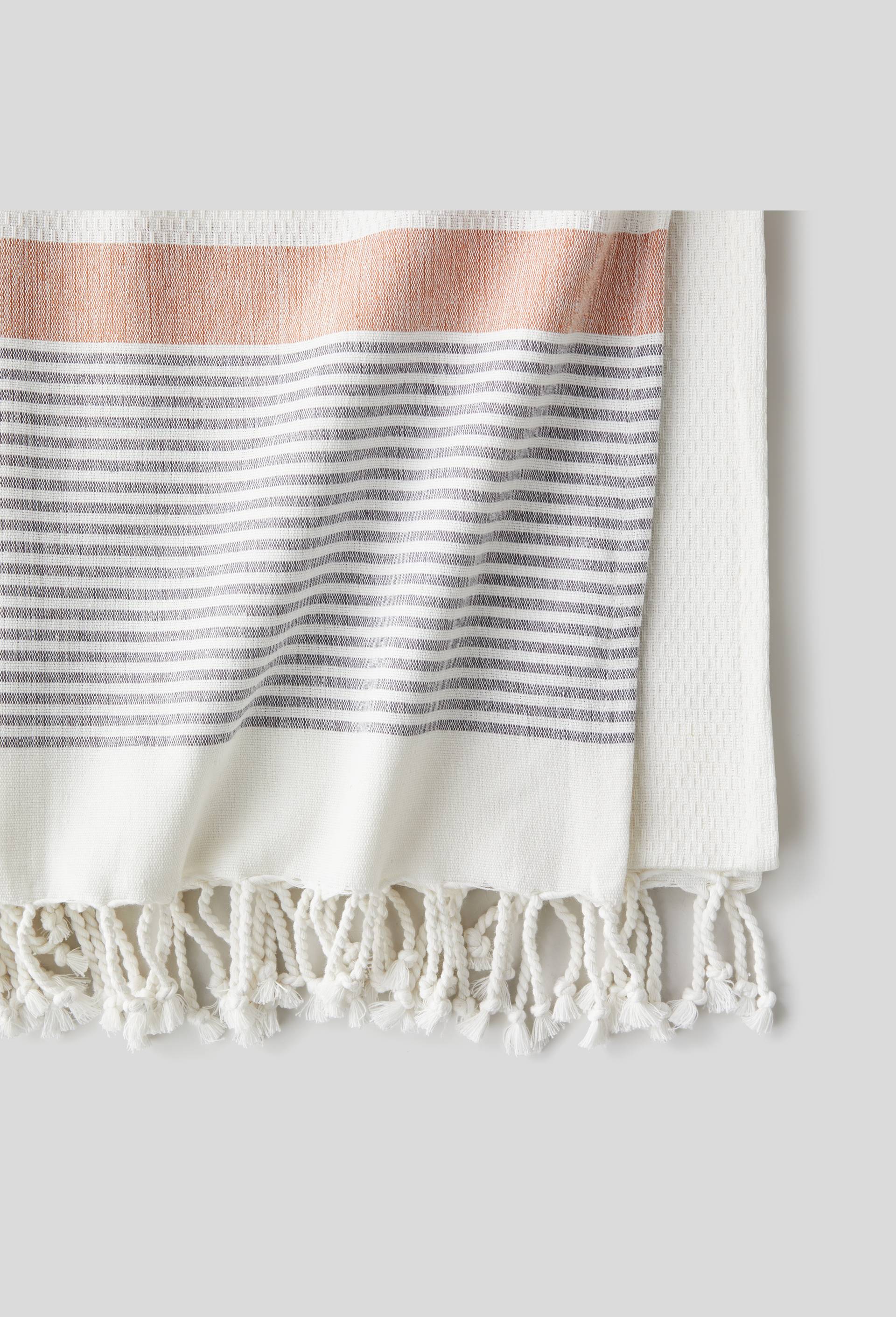 Fouta &agrave; bande, 100x180cm, 100% coton bio, Ecru, large image number 1