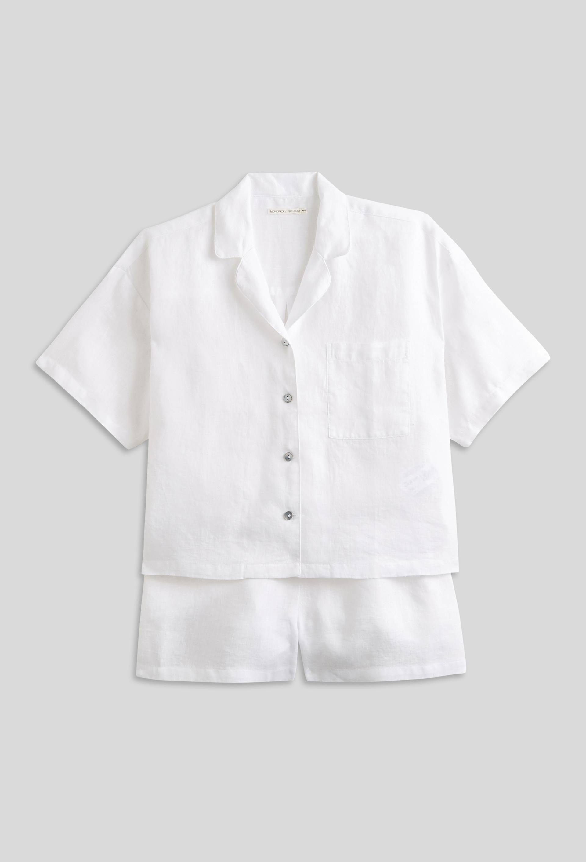 Pyjashort en lin uni, European Flax, Blanc, large image number 2