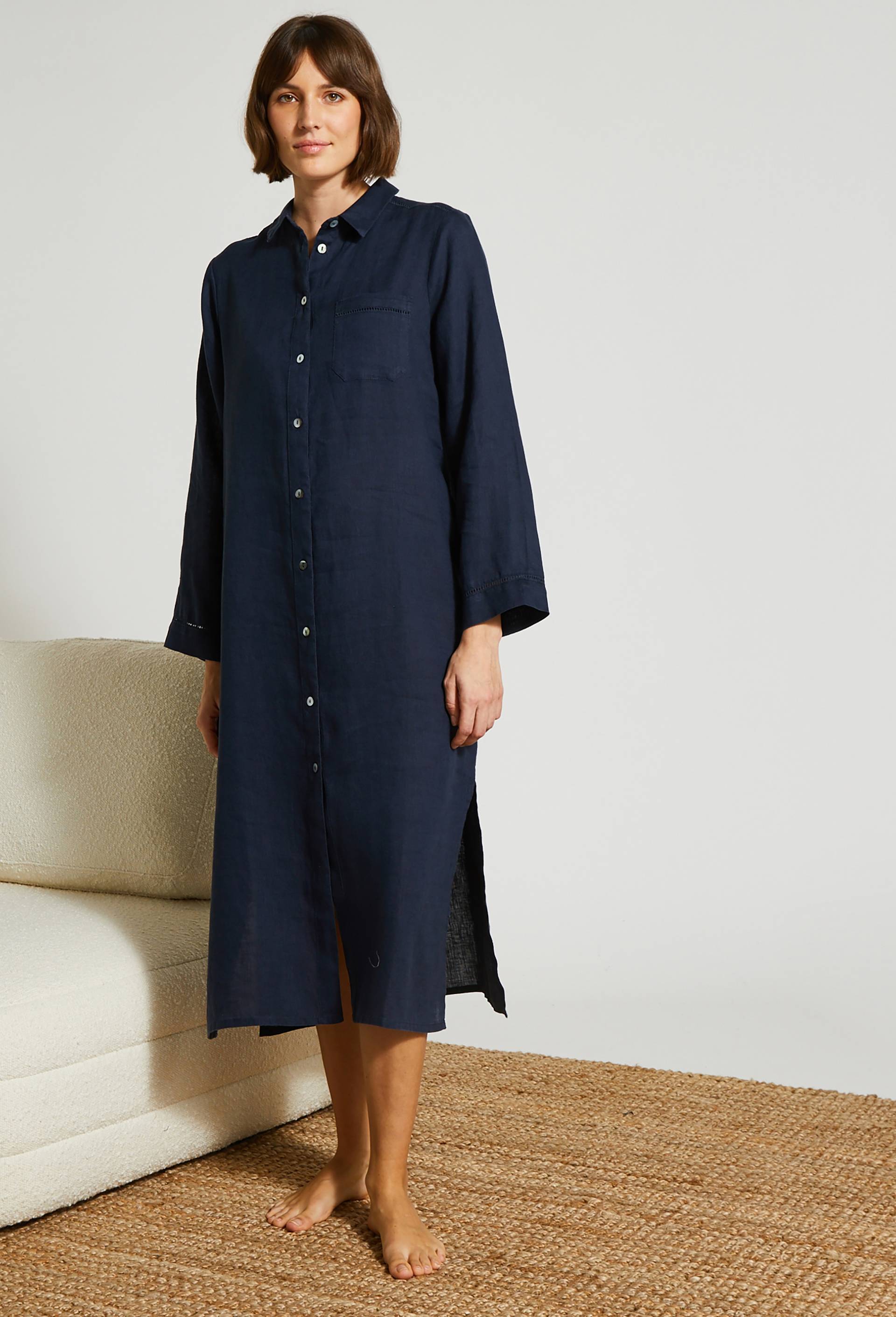 Chemise de nuit longue détails jour échelle en lin, European Flax, Bleu foncé, large image number 0