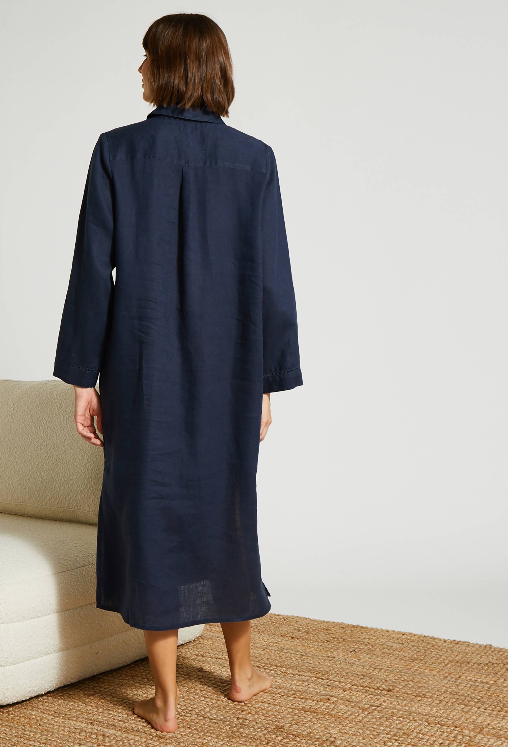 Chemise de nuit longue détails jour échelle en lin, European Flax, Bleu foncé, large image number 1