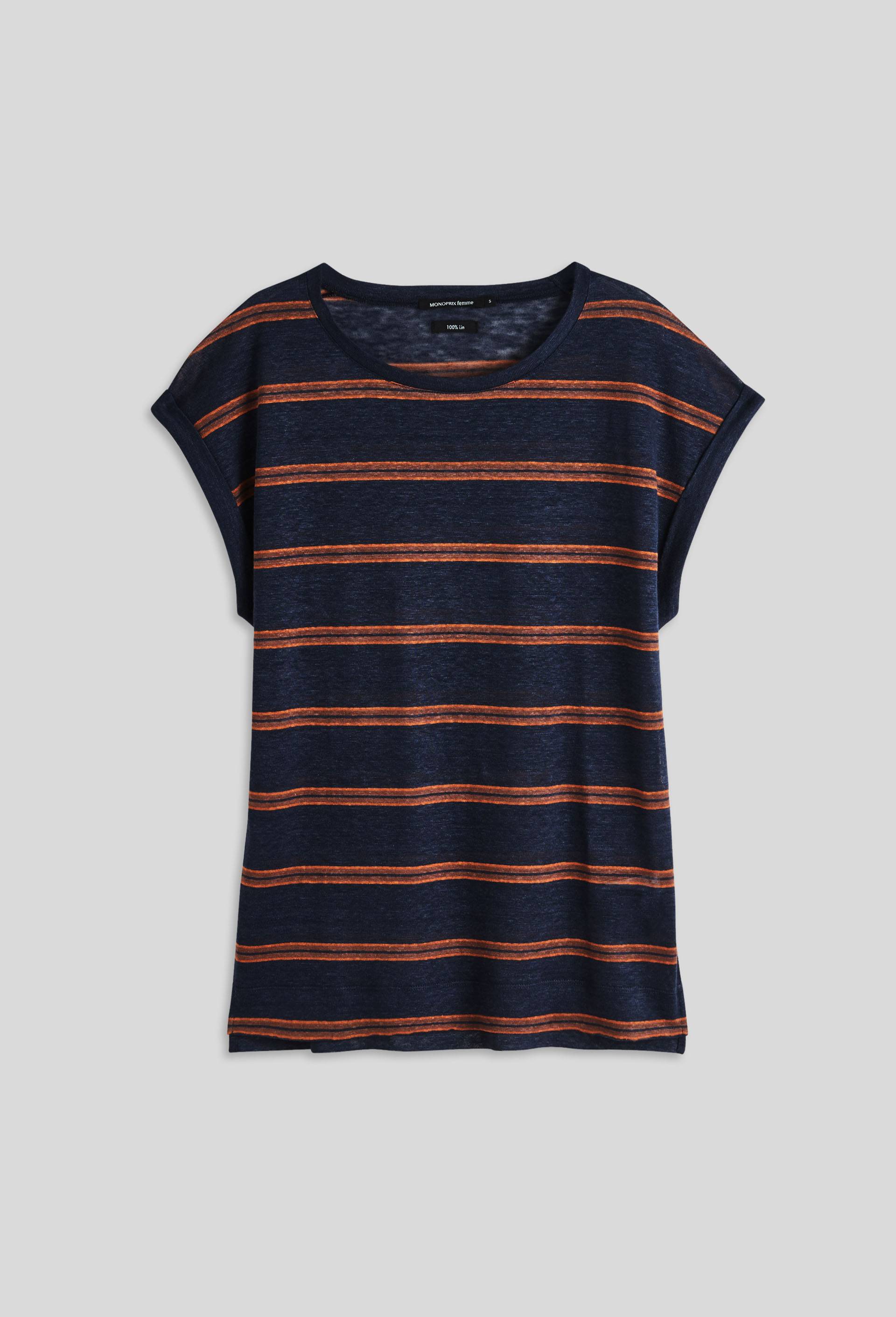 Tee shirt en lin rayé, Bleu foncé, large image number 2.0