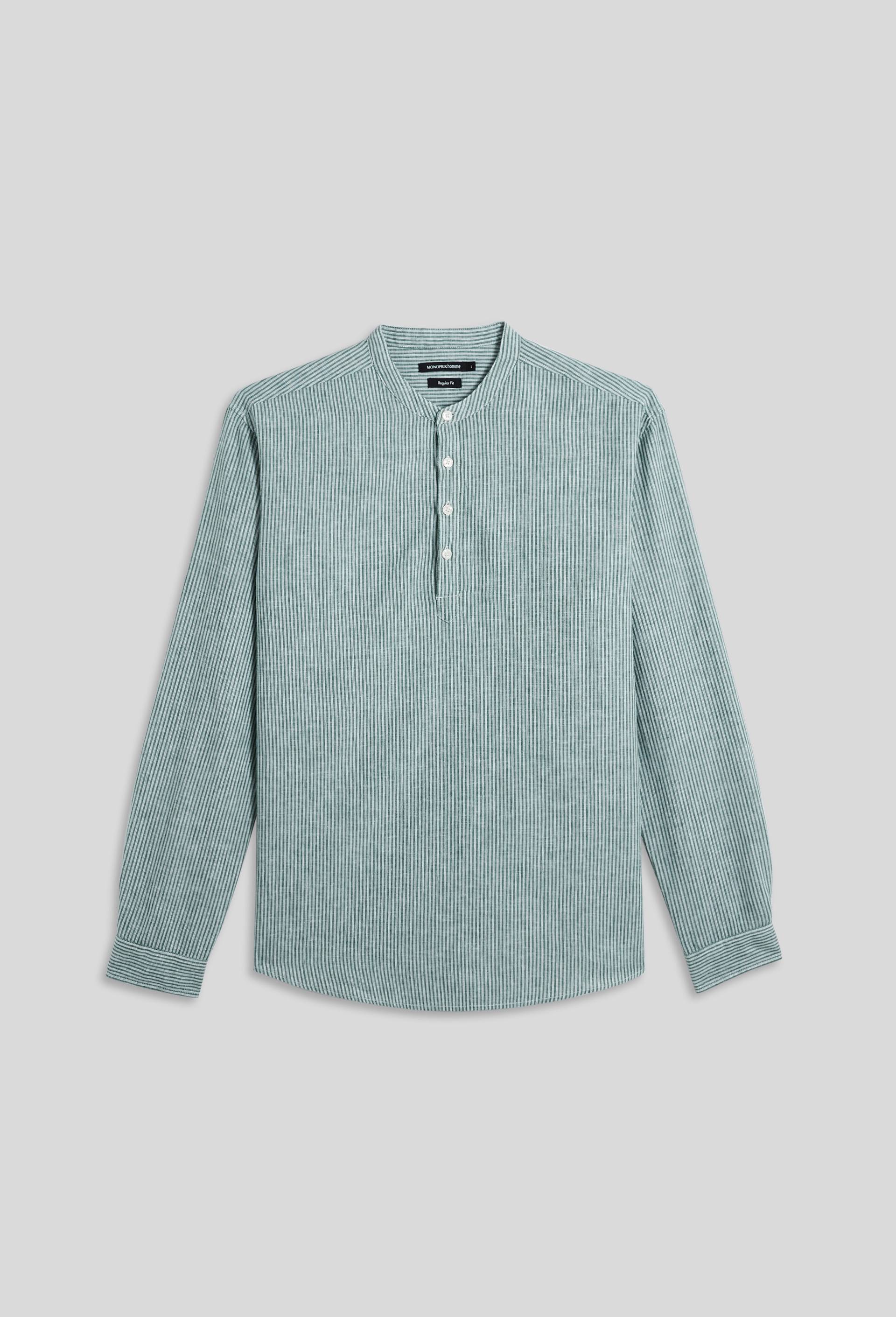Chemise manches longues col mao vareuse en mélange coton / lin, Vert, large image number 2.0