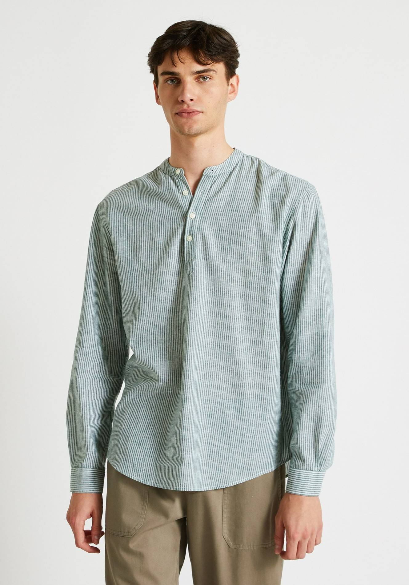 Chemise manches longues col mao vareuse en mélange coton / lin, Vert, large image number 3.0