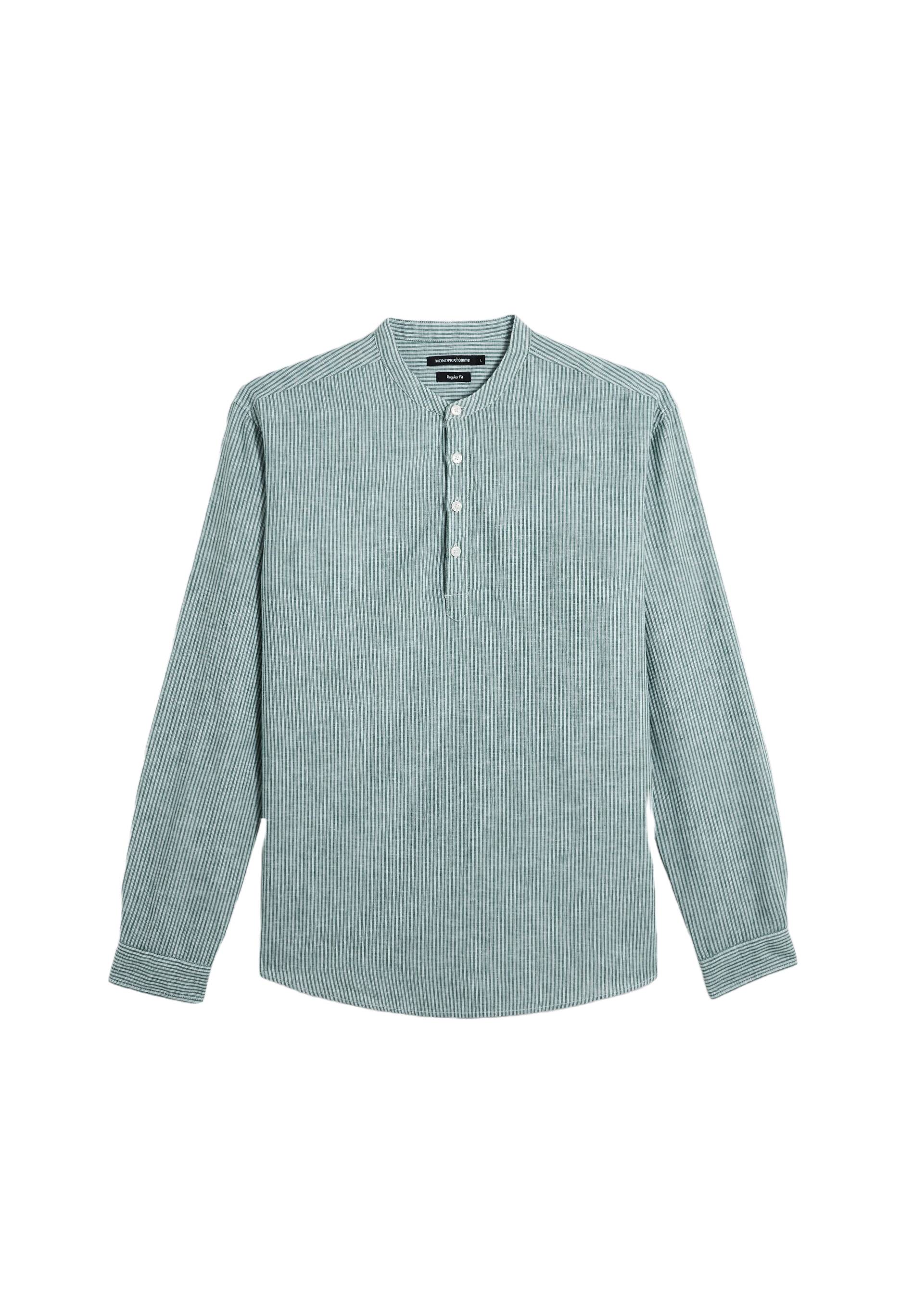 Chemise manches longues col mao vareuse en mélange coton / lin, Vert, large image number 5