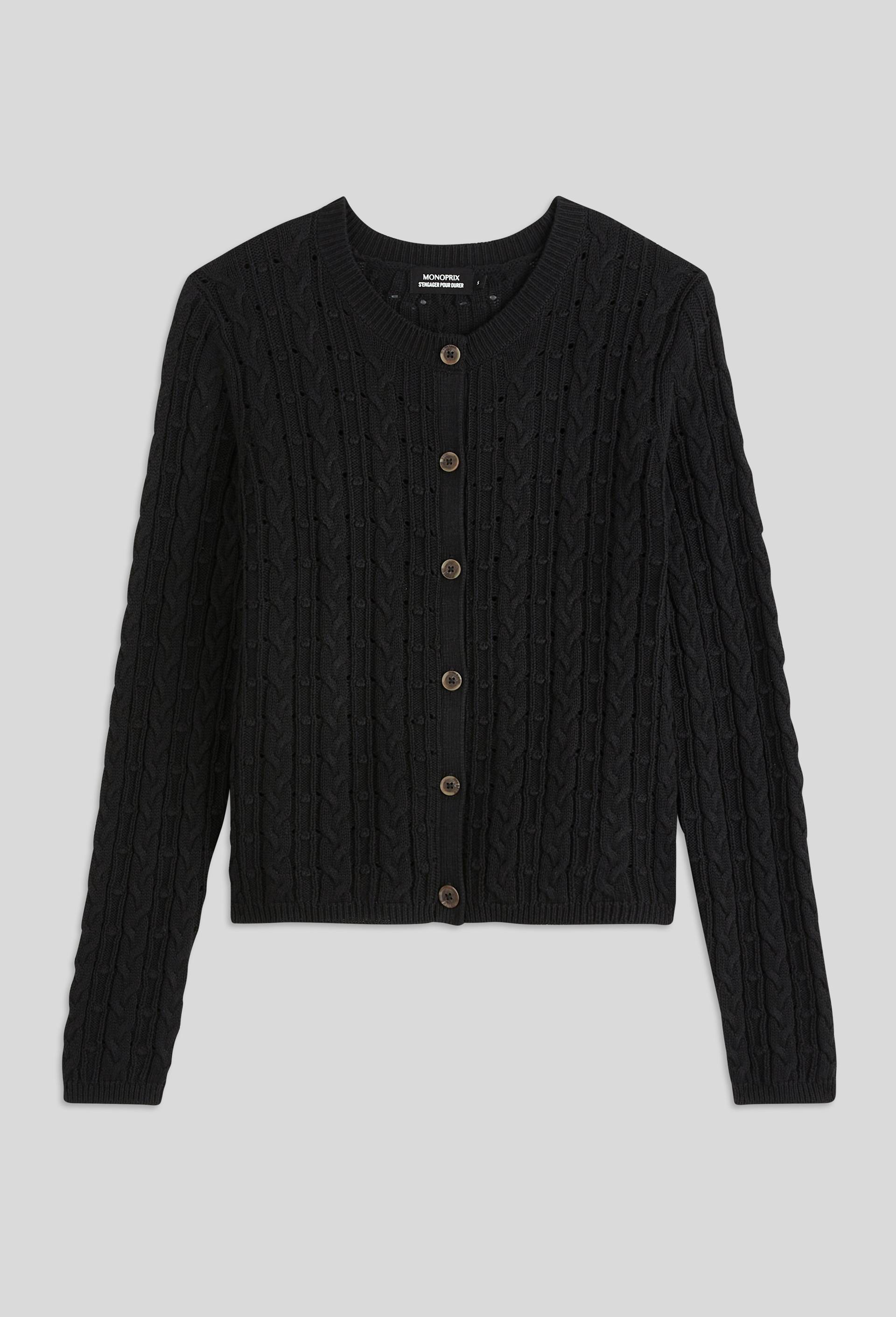 Cardigan boutonné à torsades en coton BIO, Noir, large image number 2