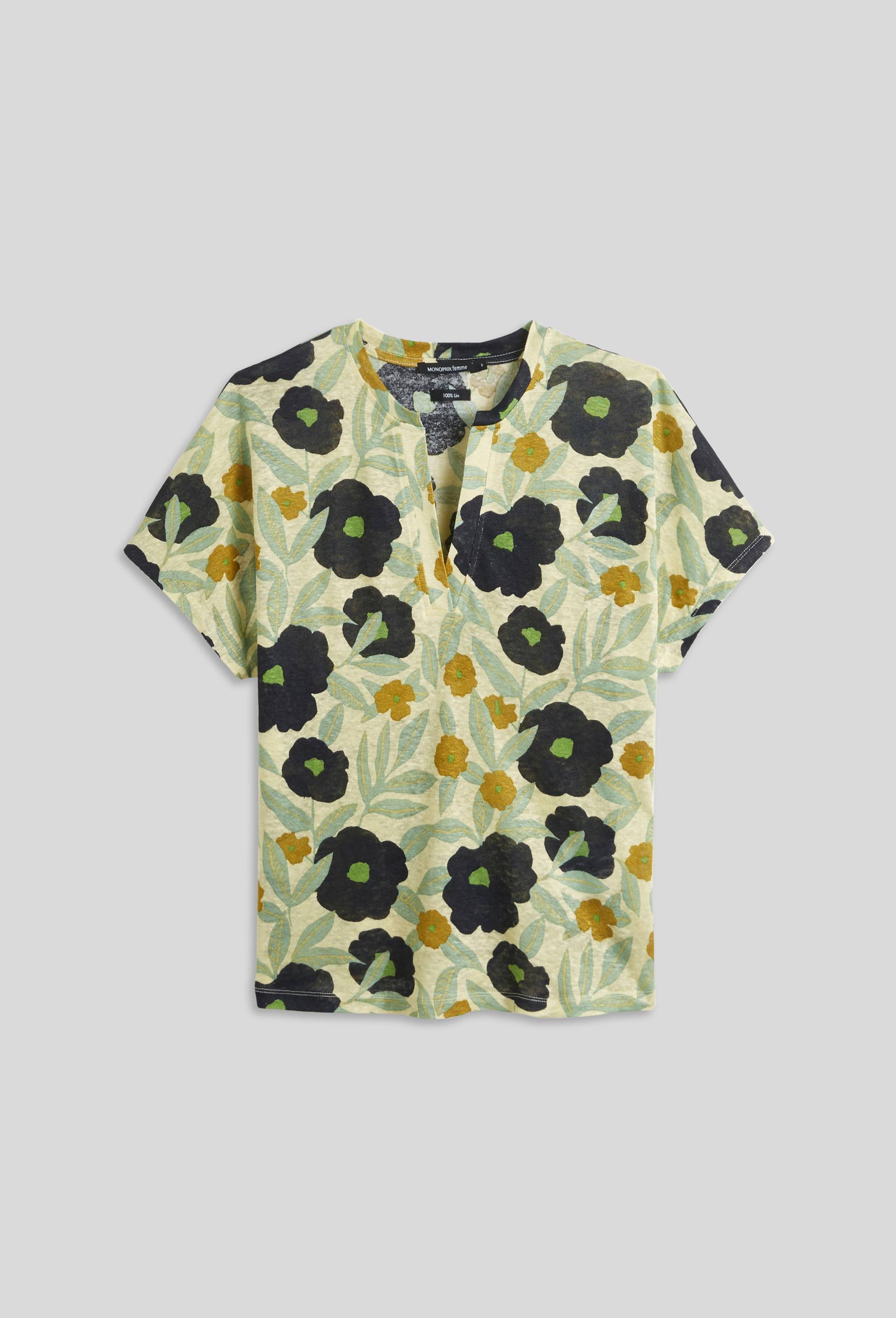 Tee shirt lin col tunisien imprim&eacute;, Ecru, large image number 2