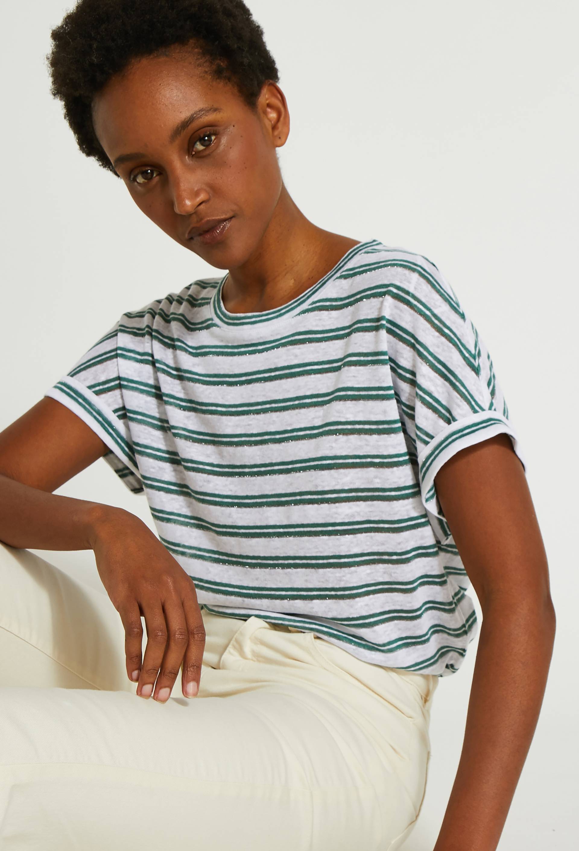 Tee shirt rayé en lin, Vert, large image number 0